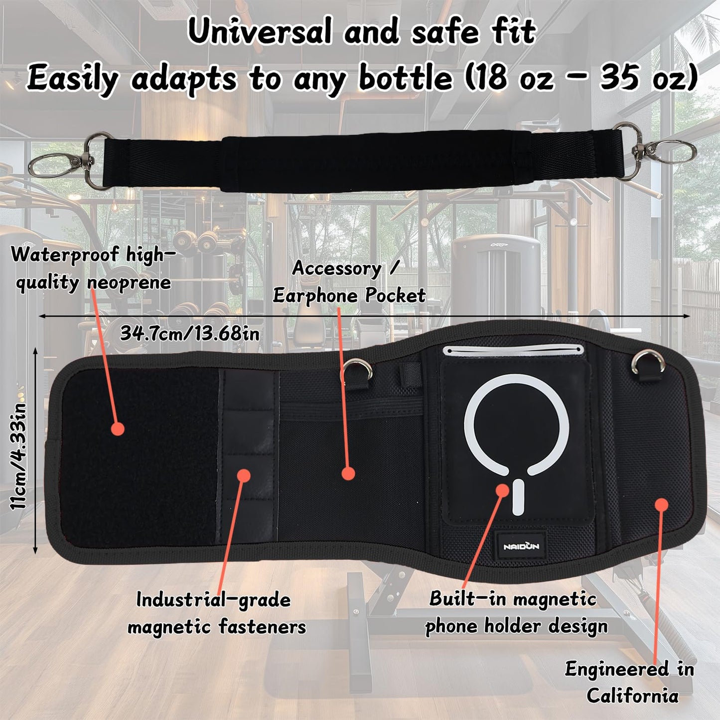 NAIDUNS Magnetic Gym Water Bottle Bag with Strong Magnetic Phone Holder, Pockets for Keys, Cards & Bluetooth Earbuds, Essential for Gym and Golf Cart, Unisex, Water Bottle Not Included