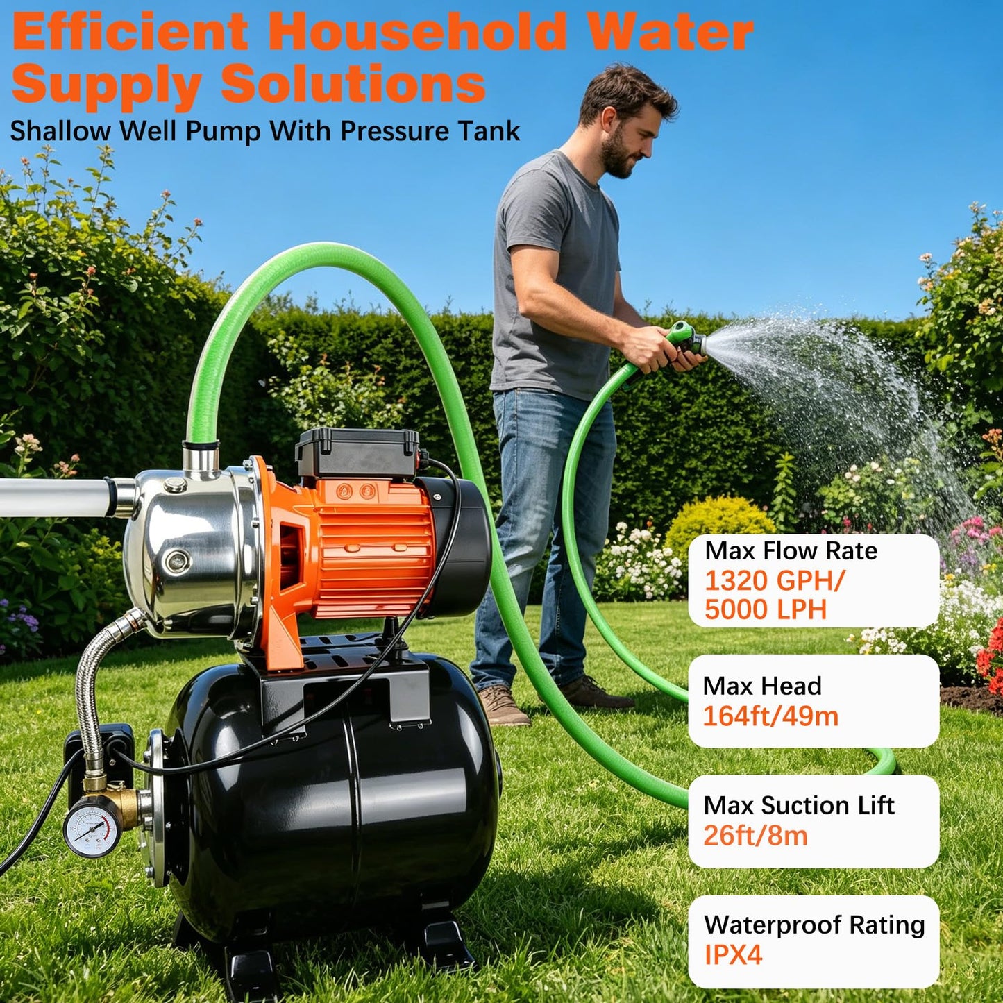 Ioboneed 1 HP Shallow Well Pump with Pressure Tank, 1000 GPH, Automatic Irrigation Water Booster Pump with 130 ft Head Lift 20/40 PSI Pressure Switch 304 Stainless Steel Pump Head for Home Garden Lawn