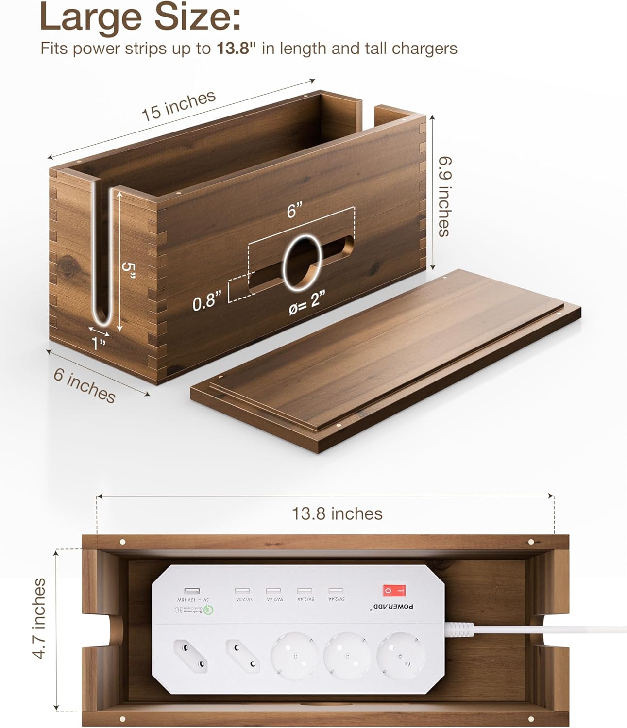Tidita 15" 3 Acacia Large Cable Management Box - L Cord Box Hider, Power Strip Box for Office - Cable Hider Box, Surge