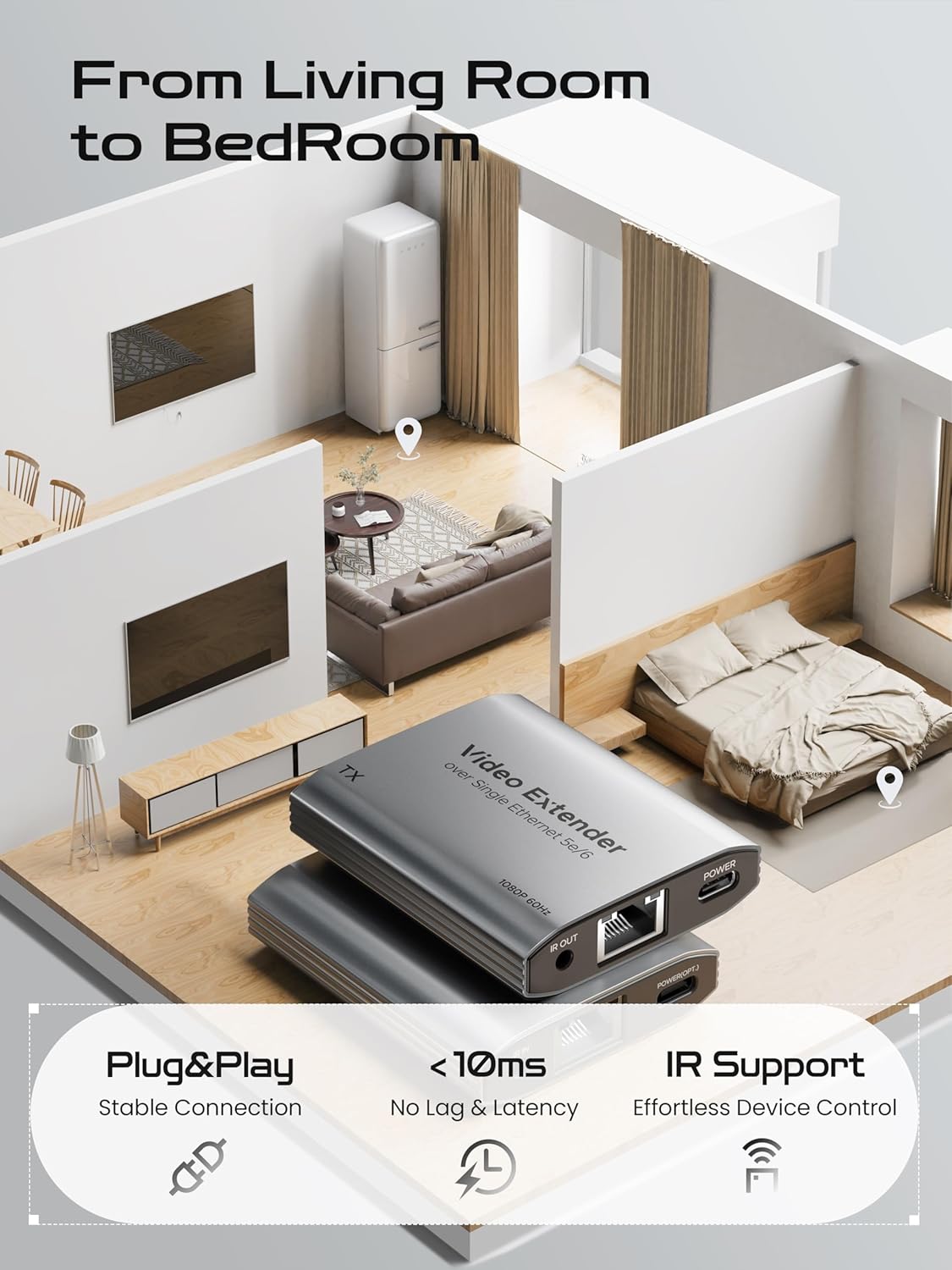 ByteWave 1080P@60Hz, Cat5e/6/7 50m/164ft, 1.3 HDMI Extender HDMI Over Ethernet Cable up to Loop-Out, PoC, IR Control