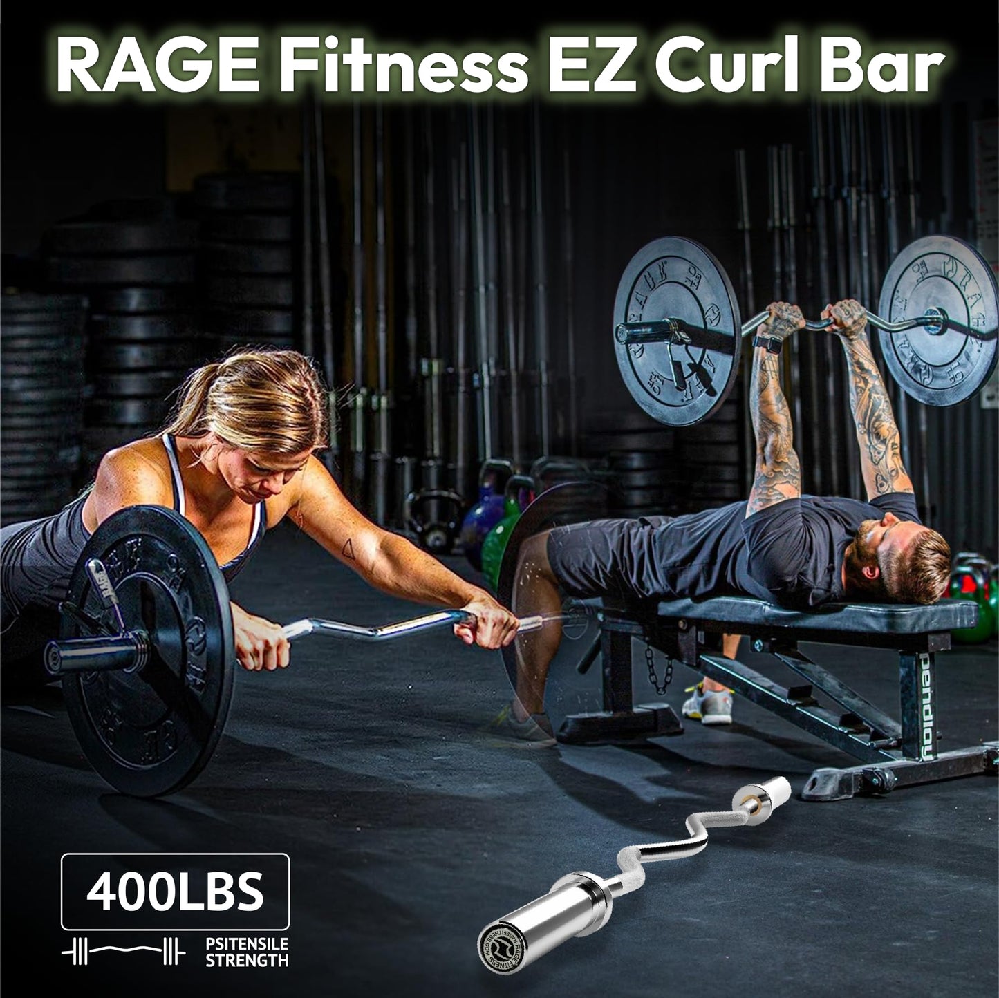 Rage Fitness EZ Curl Bar – 47 Inch, 2 inch | 17lbs Alloy Steel with Chrome Finish & Nylon Bushings EZ Bar with 400lbs Max Capacity – Home Gym Curling Bars for Weightlifting & Other Upper & Lower Body Movements