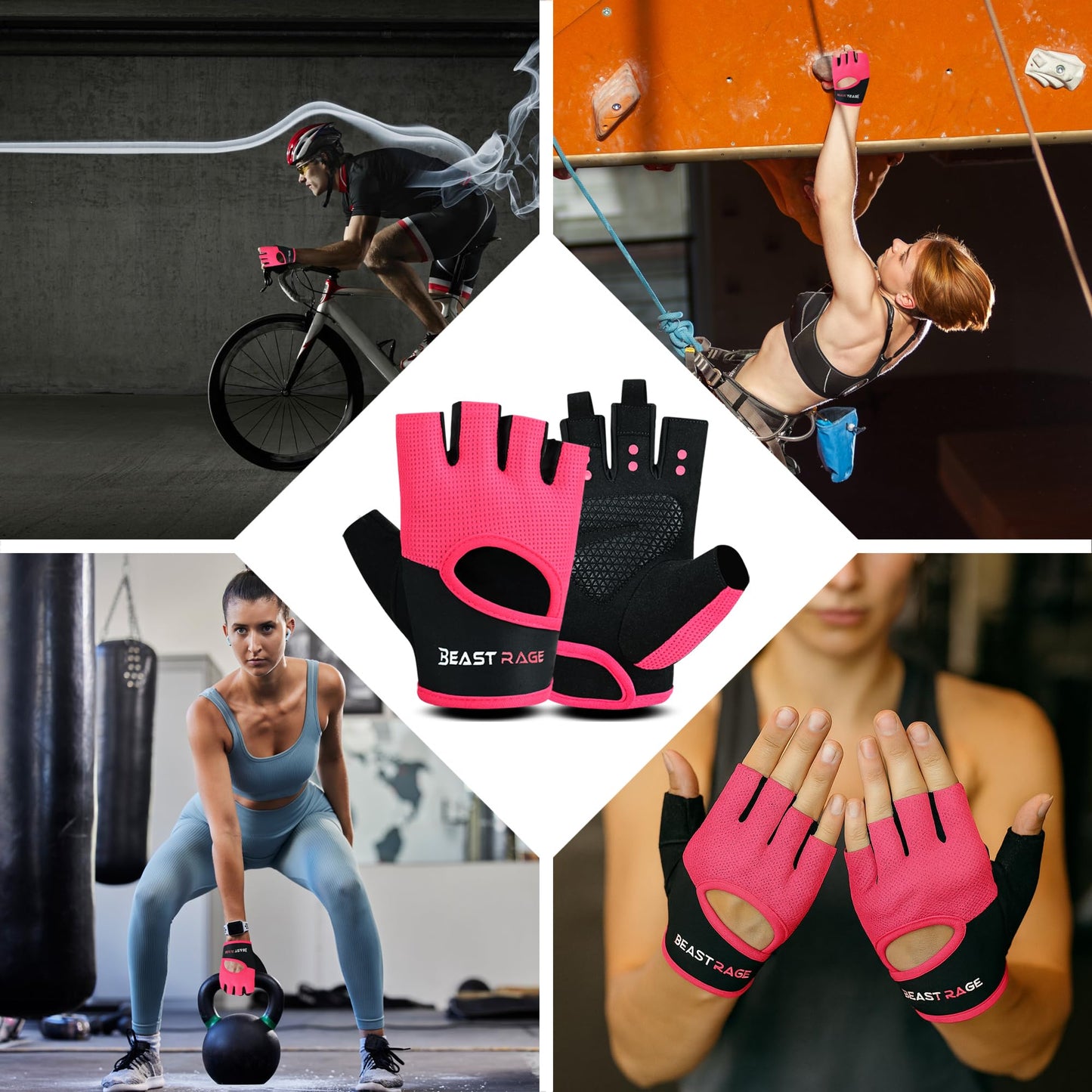 BEAST RAGE Workout Gloves for Men Gym Gloves for Weightlifting Women Fingerless with Palm Protection Padding, Breathable and Lightweight Weight Lifting Glove Cycling Pull Up (Magenta, M)