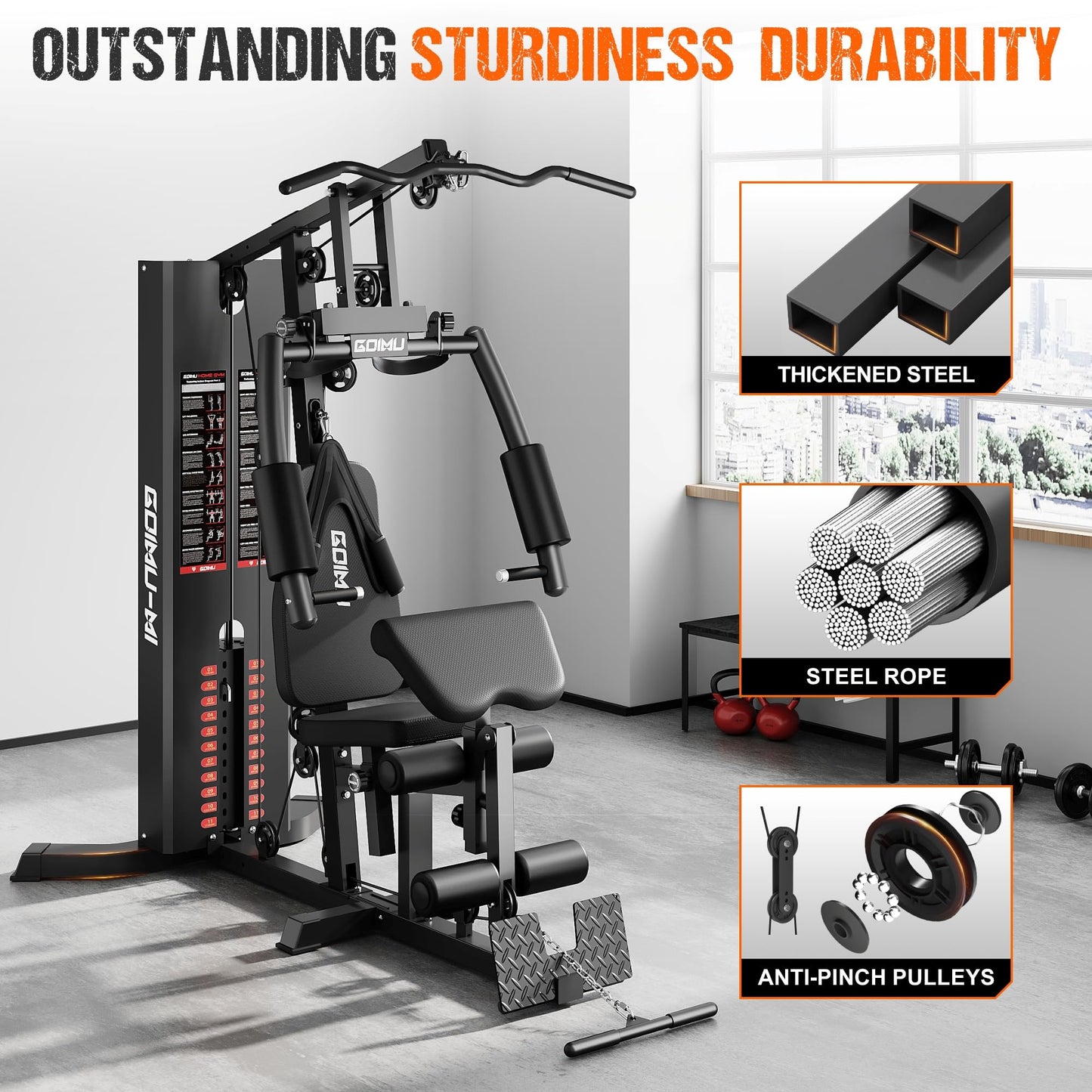 GOIMU Home Gym, M1 Workout Station with 140LBS Weight Stack, Multifunctional Home Gym Equipment with Pulley System & Adjustable Seat for Full Body Strength Training (M1 PRO)