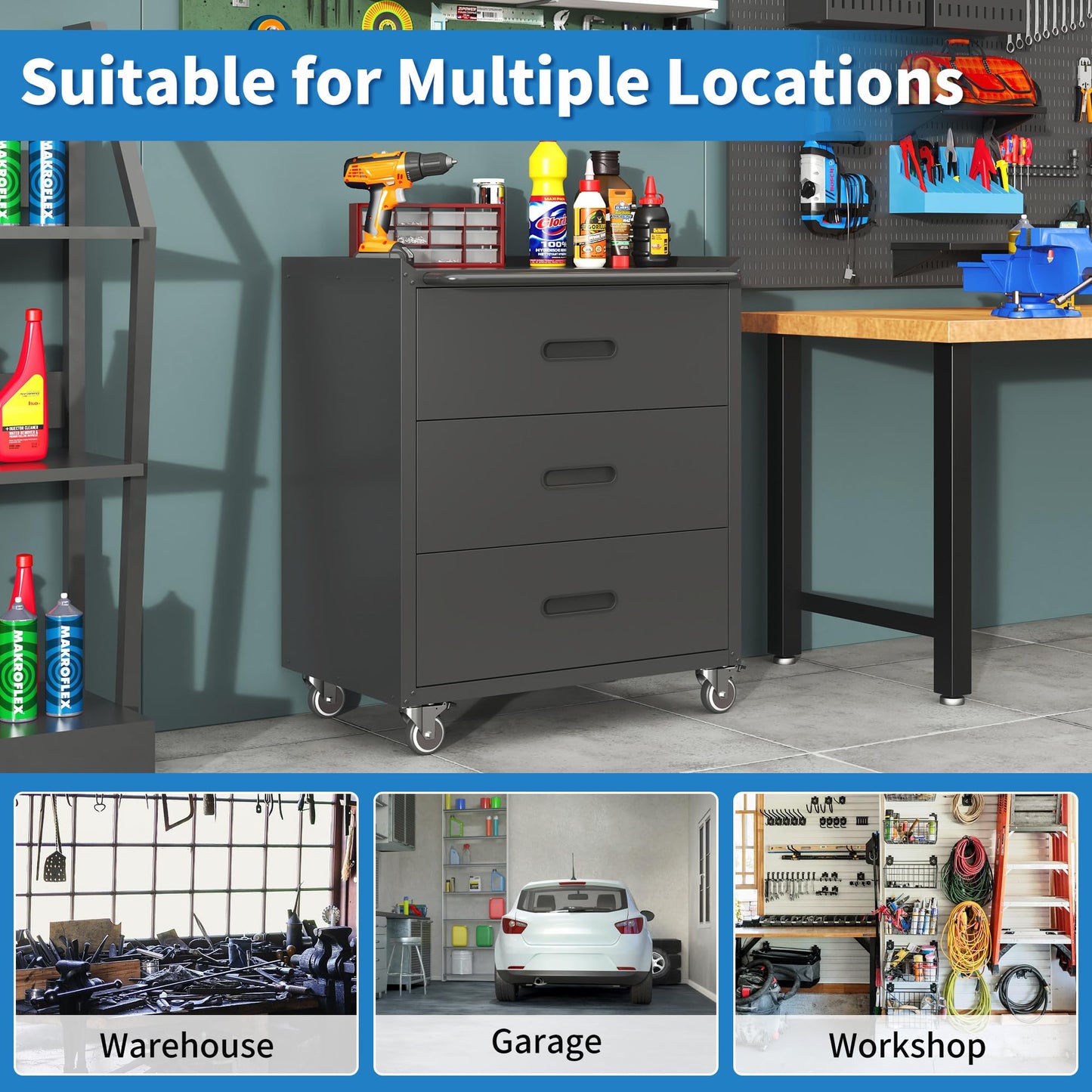 OPTYMIRA Mobile Tool Storage Cabinet with Wheels,Heavy Duty Rolling Tool Cabinets for Garage,Metal Storage Cabinets with 3 Drawer,Assembly Required