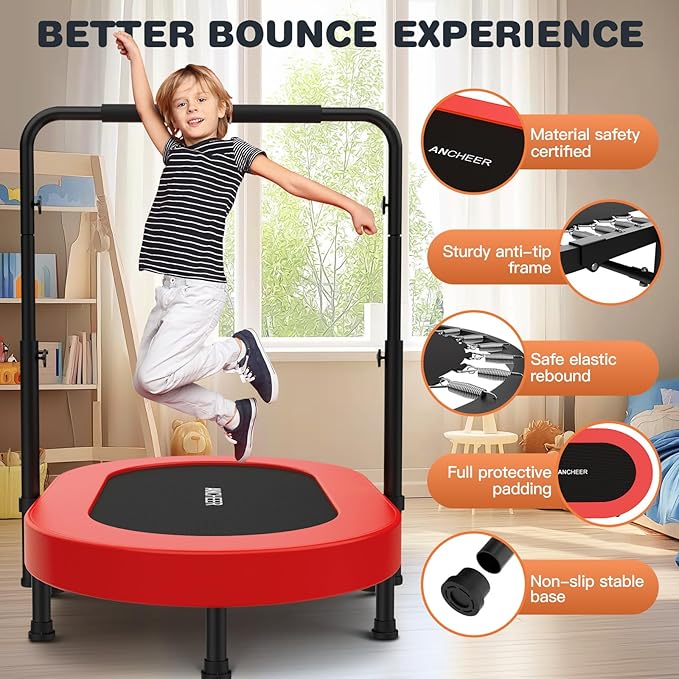 ANCHEER 56'' Foldable Mini Trampoline with Adjustable Handle - Indoor/Outdoor Rebounder for Kids & Toddlers Safe Oval Fitness Trampoline with Bar for Home Fun