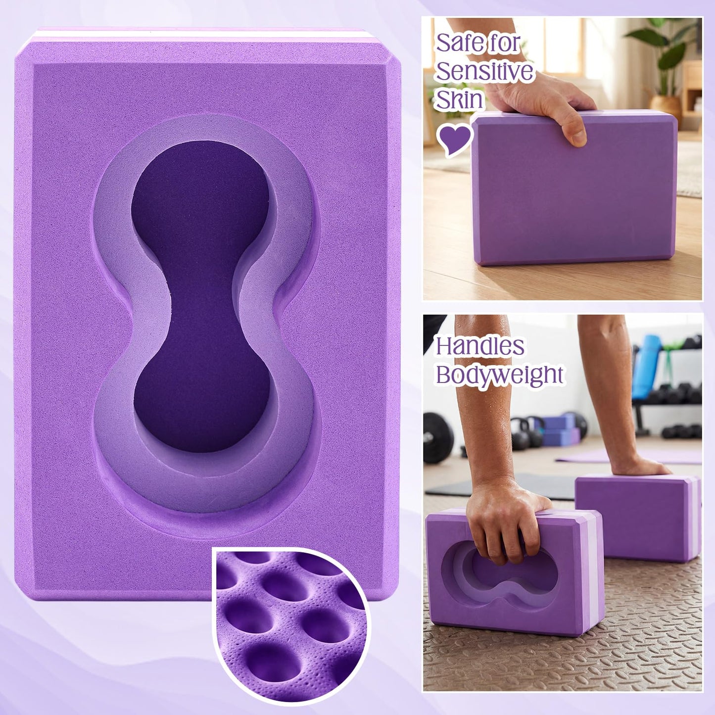 Yoga Blocks 2 Pack for Wrist Relief Yoga Blocks Wrist Support Set with Knee Pads and Strap Improve Comfort and Grip, Nonslip EVA Foam Pilates Exercise Balance Stretching Accessories Meditation(Purple)