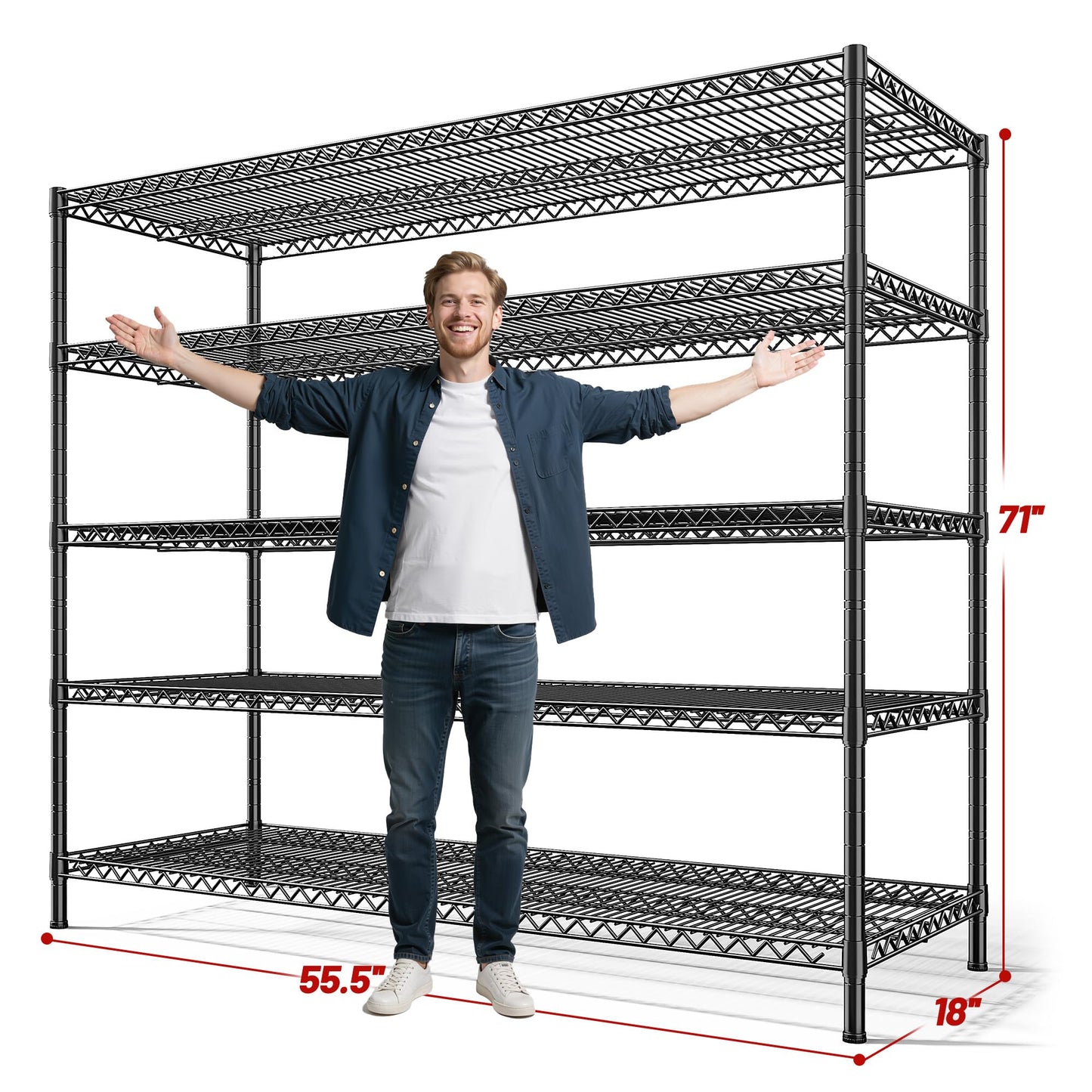 REIBII 3200LBS Storage Shelves 55.5" W Garage Shelving Heavy Duty 5 Tier Adjustable Wire Shelving Unit Metal Shelving for Garage Pantry Commercial Basement,55.5" W X 18''D X 71" H
