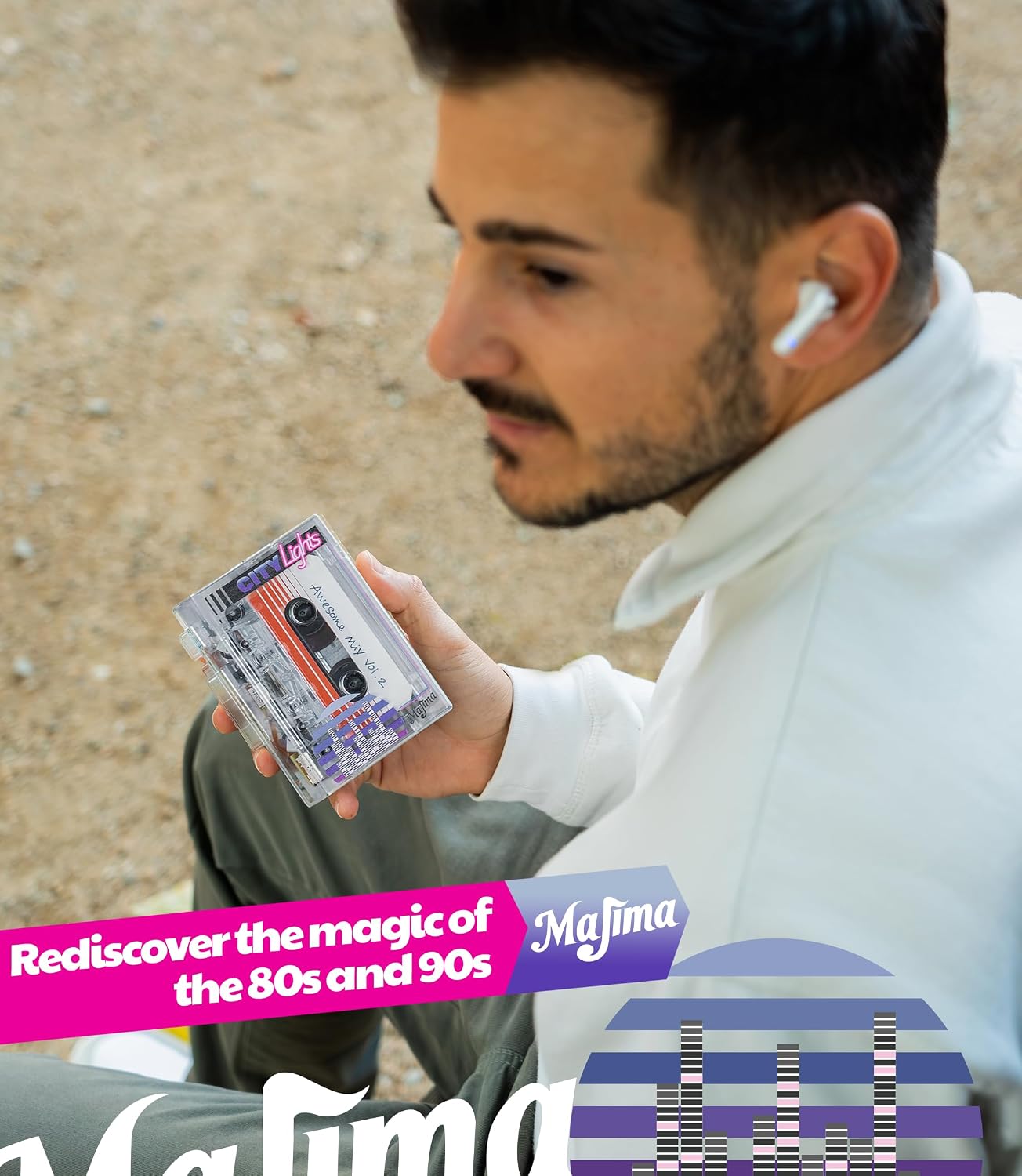 Majima Design Cassette 80s 90s Bluetooth Player with FM Radio Transparent Portable Design Retro Audio Gift Supports USB