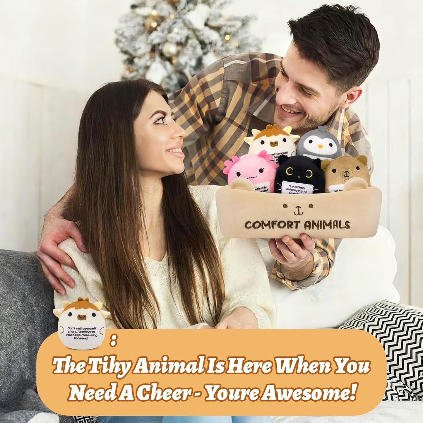 Skiennix Emotional Support Plush Animal Set - 6 Cute Stuffed Toys with Positive Messages | Soft Plushies in Basket