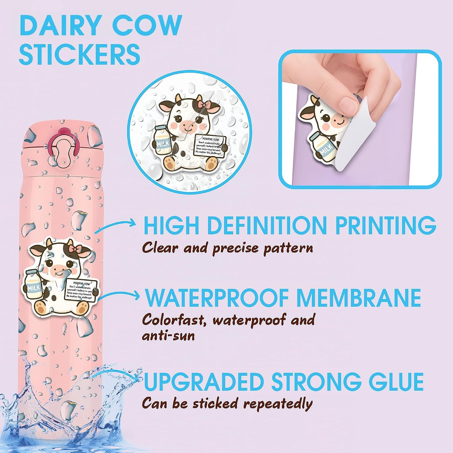 3Pcs Dairy Cow Sticker Decals Vinyl Waterproof - Journaling Self-Affirmation Positive Dairy Cow Sticker for Water