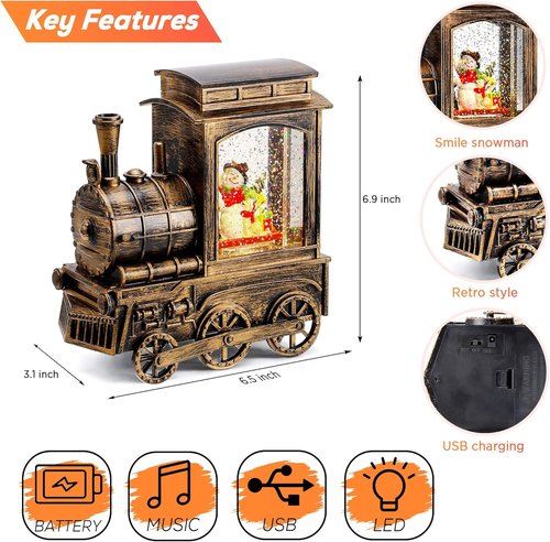 IPOW Christmas Snow Globe Lantern - Musical & Lighted Train with Glitter | USB & Battery Operated, 6-Hour Timer, Snowman Scene