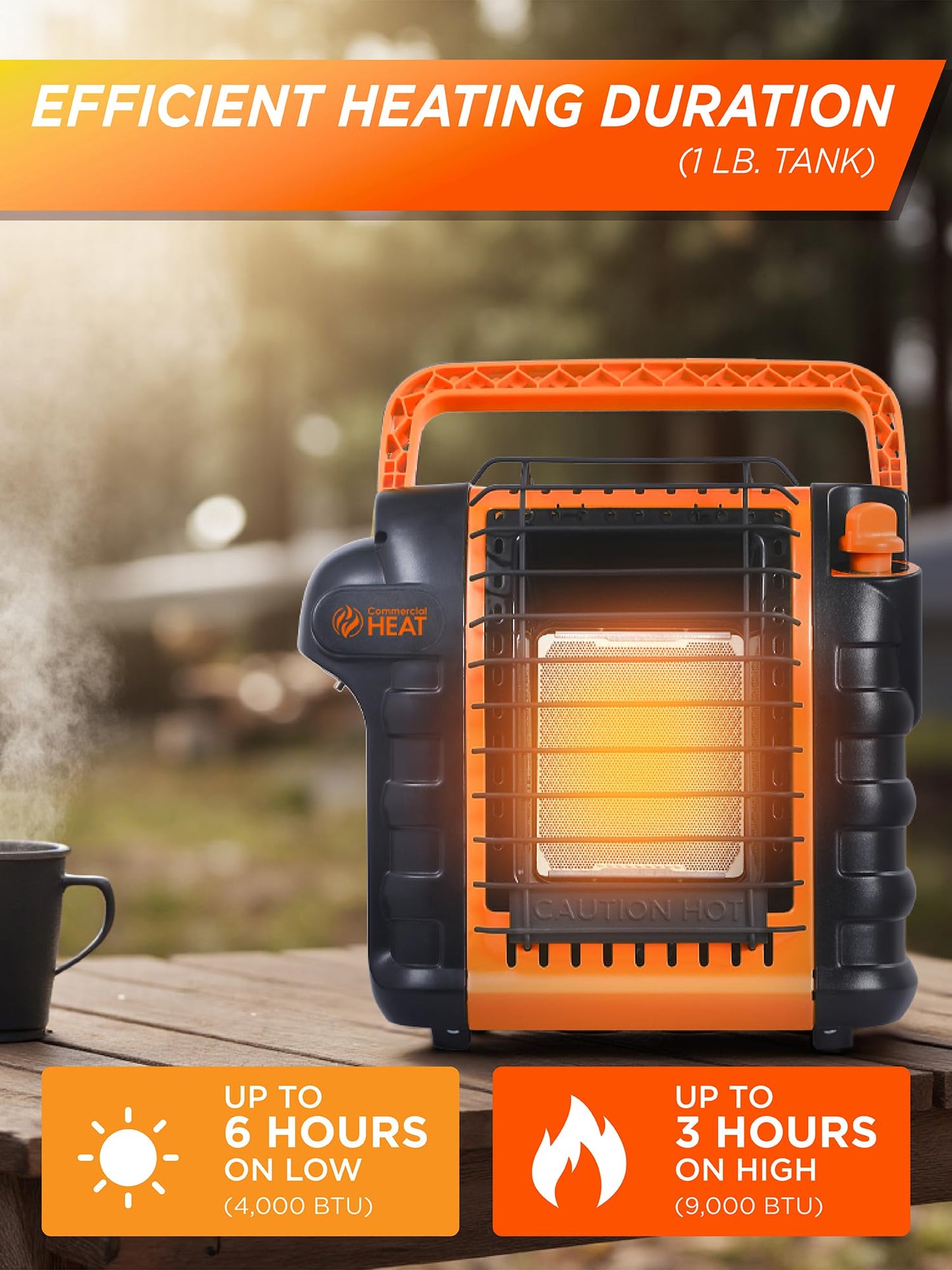 Commercial Heat 9000 BTU Portable Propane Heater for Outdoor Use, Patio Heater for Up To 300 Sq. Ft., 2 Heat Settings, Swivel Regulator Connects to 1 lb. Propane Tank, CHP9000O, Orange