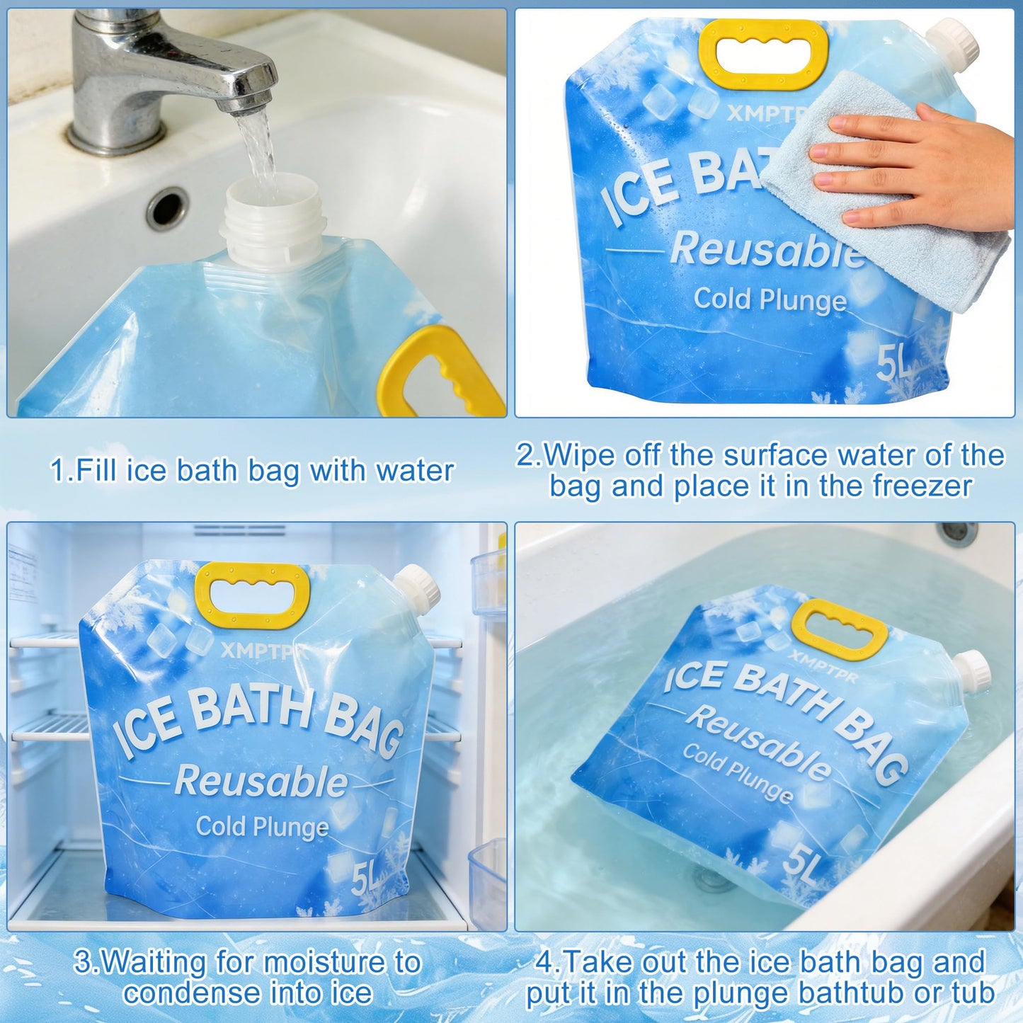 XMPTPK 4 Pack Ice Bath Bags, Reusable Cold Plunge Tub Accessories, Portable Bathtub Freezer Water Bags with Handle for Home Outdoor Bathtub Bucket(5L)