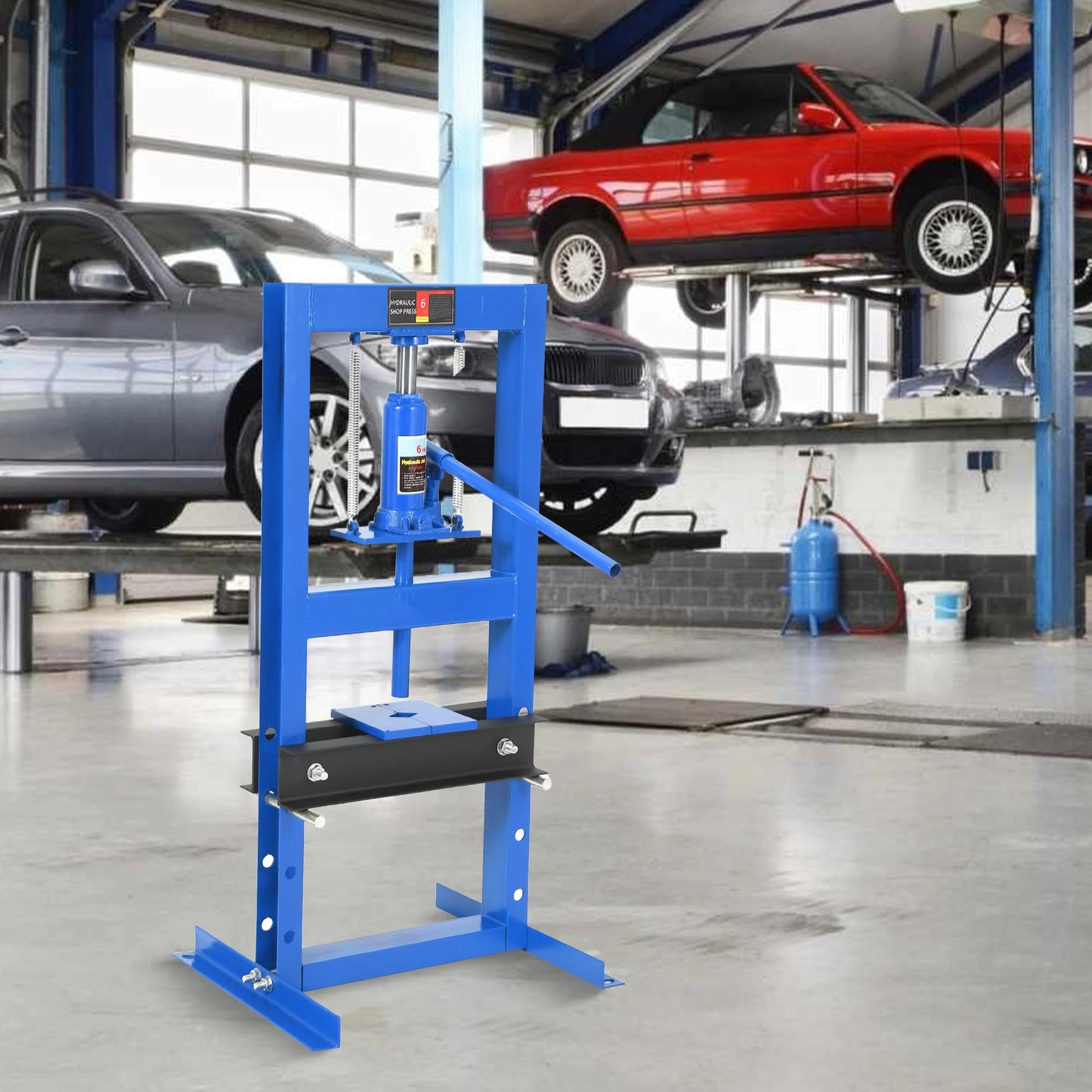 GarveeTech 6 Ton Hydraulic Press, Heavy-Duty Adjustable h-Frame Garage Floor Shop Press with Stamping Plates to Straighten Bend or Press Parts, for Straightening/Automotive Repair/Garage Use