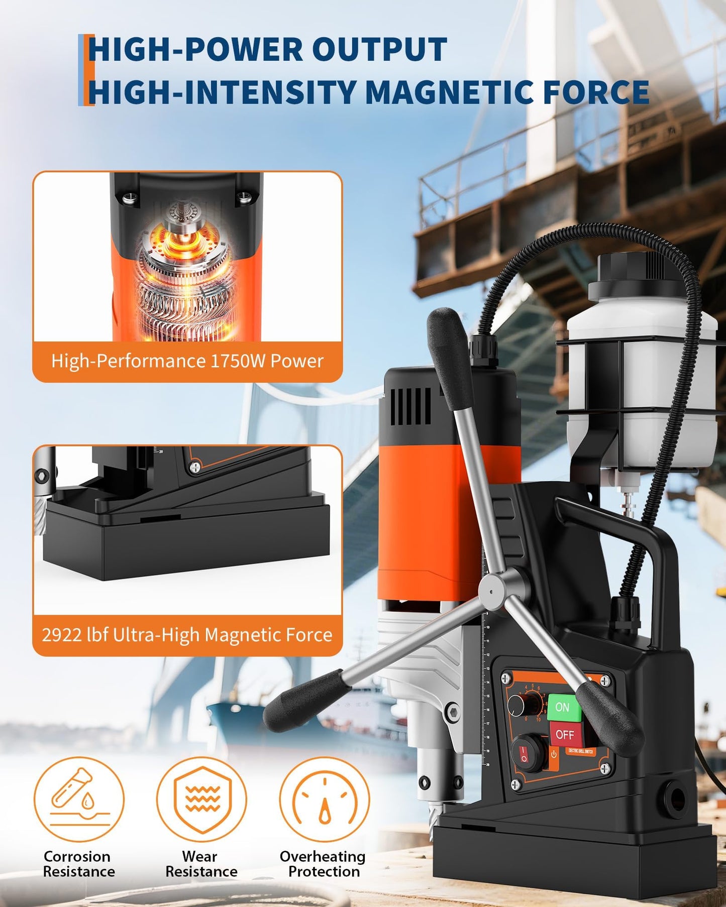 EliteEdge Magnetic Drill, 1750W 2" Boring Diameter, 2922Lbf Power Portable Magnetic, 810 PRM, 10-Speed，with 10Pcs Drill Bits 3Pcs Twist Drill and 1Pcs Plastic Box for Metal Surface, Industrial