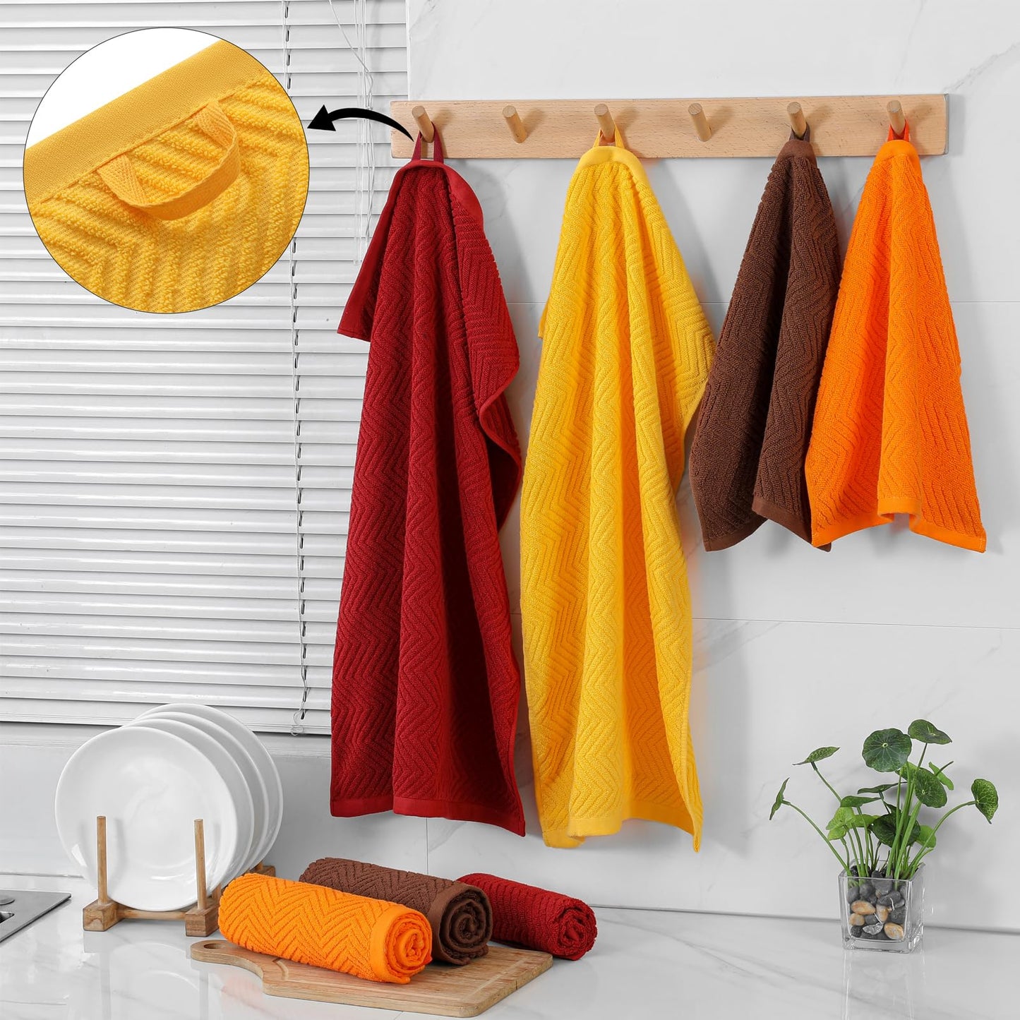 QAJ 100% Cotton Kitchen Towels and Dishcloths Set, Pack of 8 Super Absorbent 16" x 25" Kitchen Towels and 13" x 13" Dish Cloths (400 GSM)