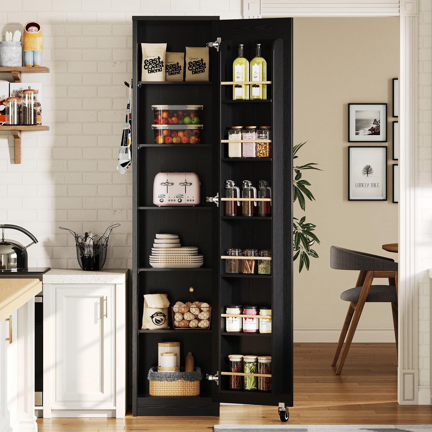IRONCK Narrow Kitchen Pantry Storage Cabinet, 72" Slim Single Door with 6 Adjustable Shelves, Door Rack and Wheels, Space Saving Freestanding Storage Floor Cabinet for Small Place, Black