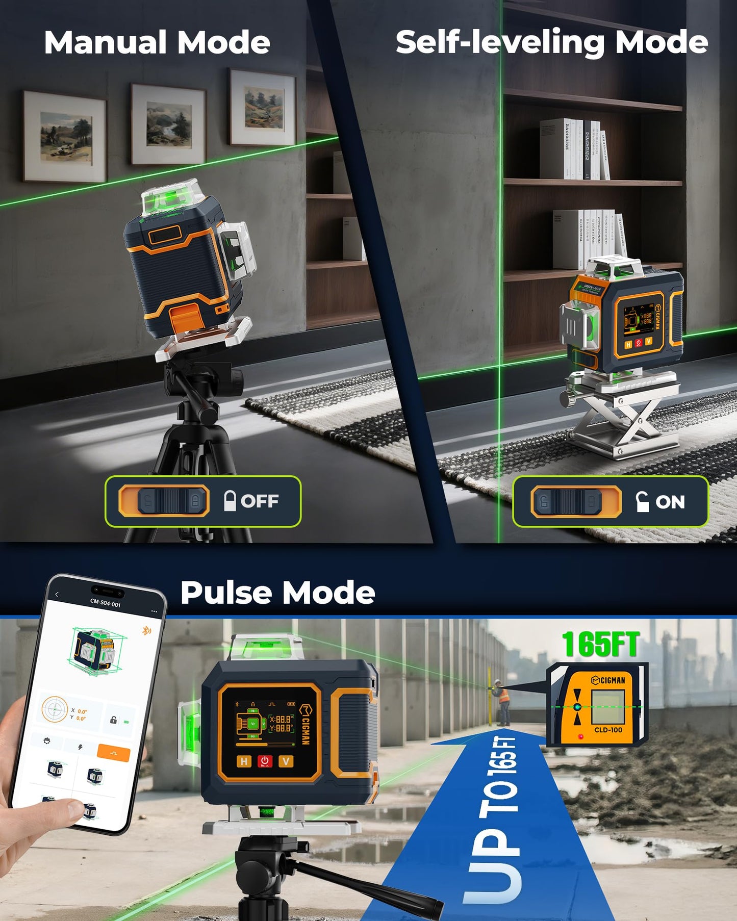 CIGMAN 16 Lines Green Laser Level 4×360° Self Leveling, Side LCD, Bluetooth App Remote, Pulse Mode for Receiver, 2×Li-ion (USB-C), Liftable Stand, 1/4" Mount, IP54, ABS Hard Case – S04