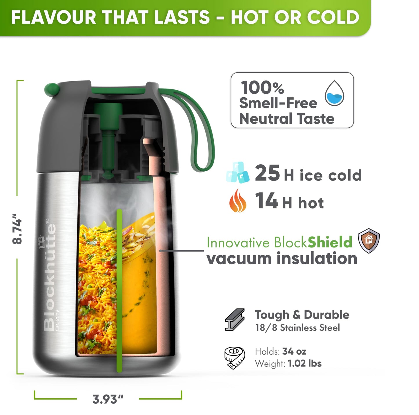 Blockhütte Thermos for Hot Food - 34 oz Vacuum Stainless Steel Thermal Lunch Box, Leakproof Soup Thermos, Wide Mouth Insulated Food Jar