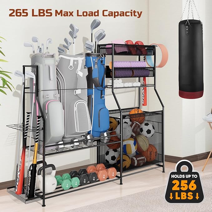 Garage Sports Equipment Organizer,3 Golf Bags Storage Stand,Heavy-Duty Ball Storage Rack with Basket and Hooks,Space-Saving Design for Toy Sports Gear Storage Indoor/Outdoor Use
