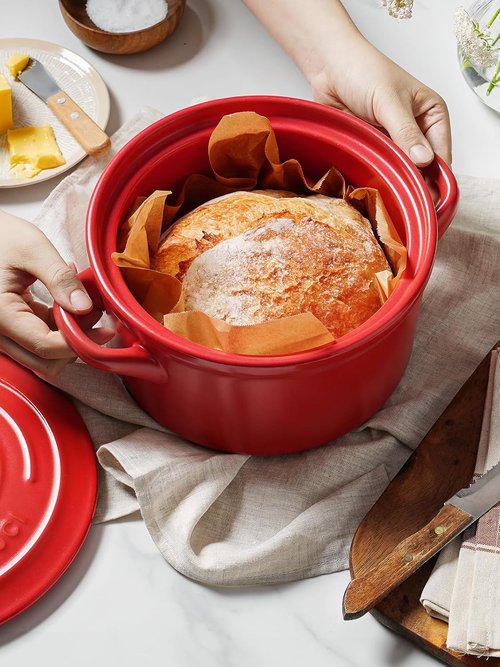 LE TAUCI 3 Quart Ceramic Dutch Oven - Lightweight & Non-Toxic | Oven & Microwave Safe, Chili Red Pot with Lid for Sourdough, Soup & Stew