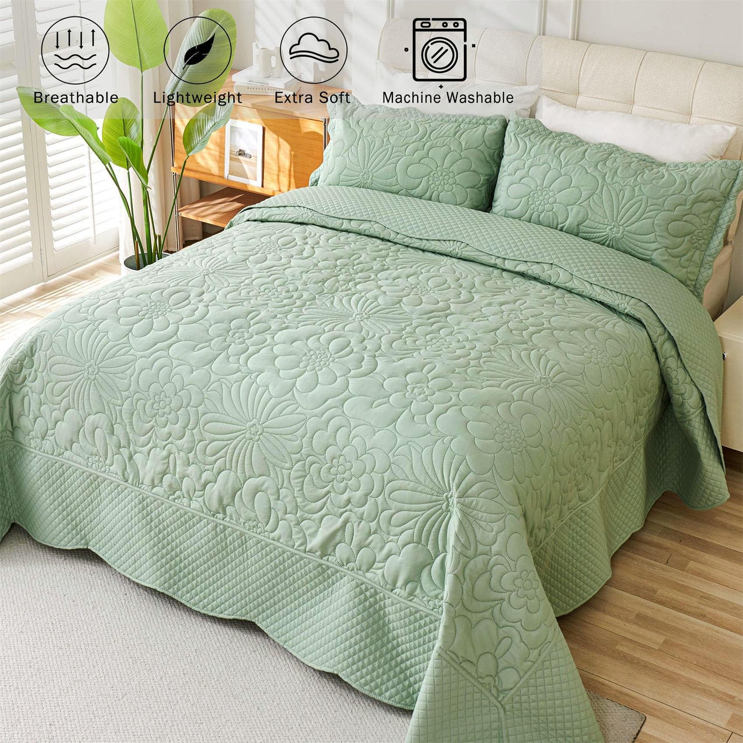 Cmfshape Oversized King Quilt Set Bedspread 128x120-Sage Green California King Quilts 3 PCS-Lightweight Quilted Bedding Extra Large-Floral Coverlet for All Season