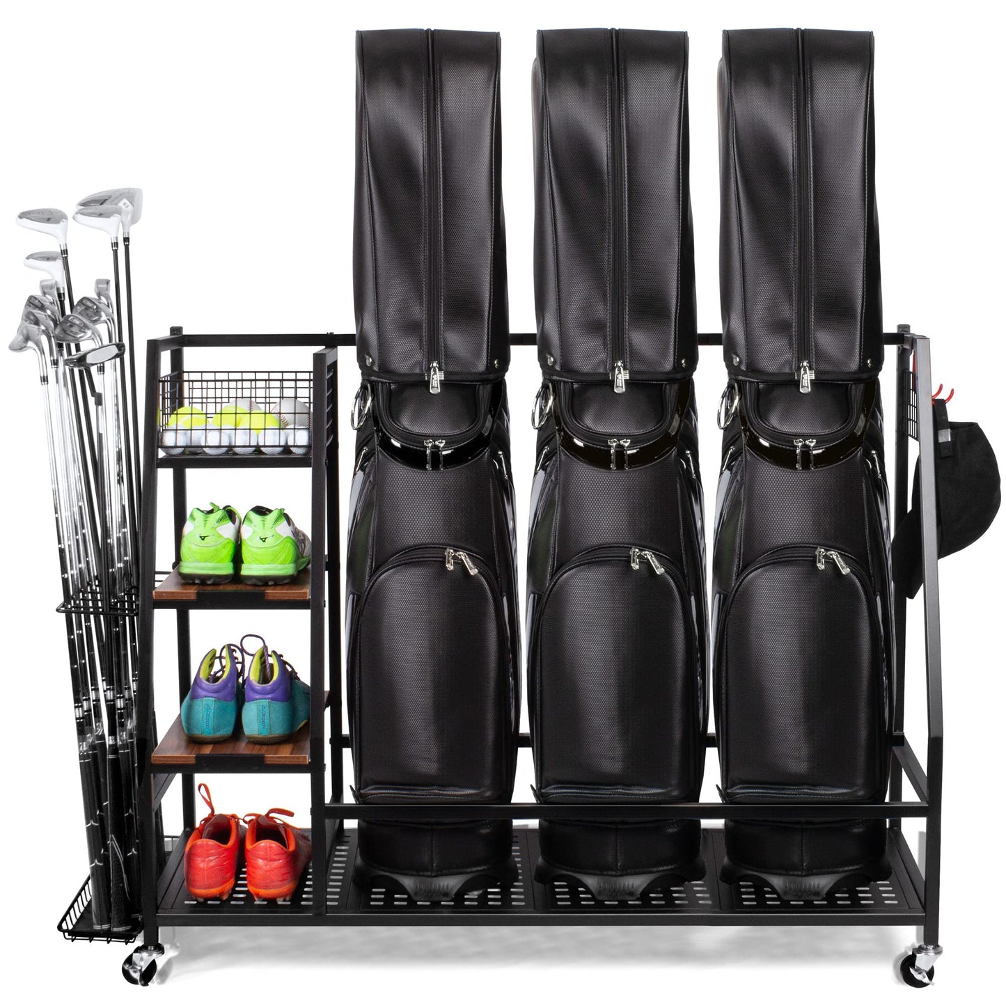 Sttoraboks 3 Golf Bags Storage Garage Organizer, Golf Bag Rack Fits 3 Golf Bags and Golf Equipment Accessories, Golf Club Storage Stand with Wooden Shelf and Lockable Wheels for Garage Indoor Basement