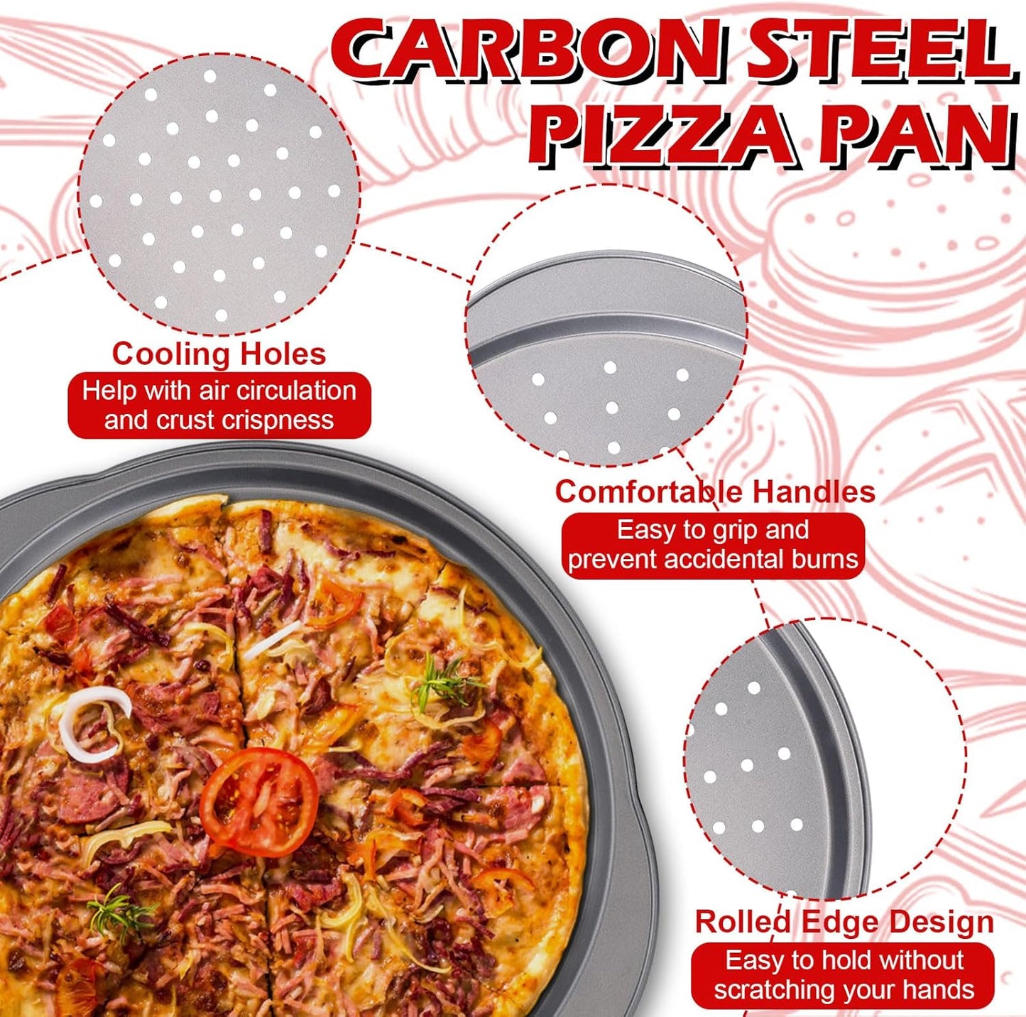 Skiennix Pizza Pan - 13" Round Non-Stick Carbon Steel Trays with Handle | Easy to Clean & Oven Safe (2 Pack)