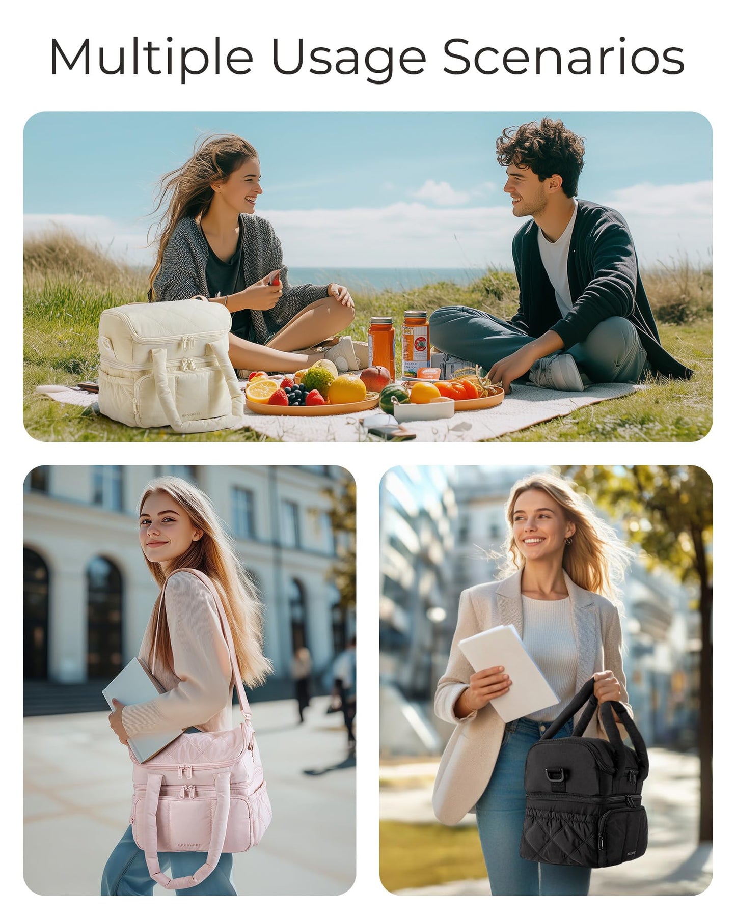 BAGSMART Lunch Bag Women, Double Deck Insulated Lunch Box, Quilted Puffer Lunch Tote, Leakproof, Durable & Reusable Large Lunch Cooler For Work Picnic Travel Meal Prep, Black