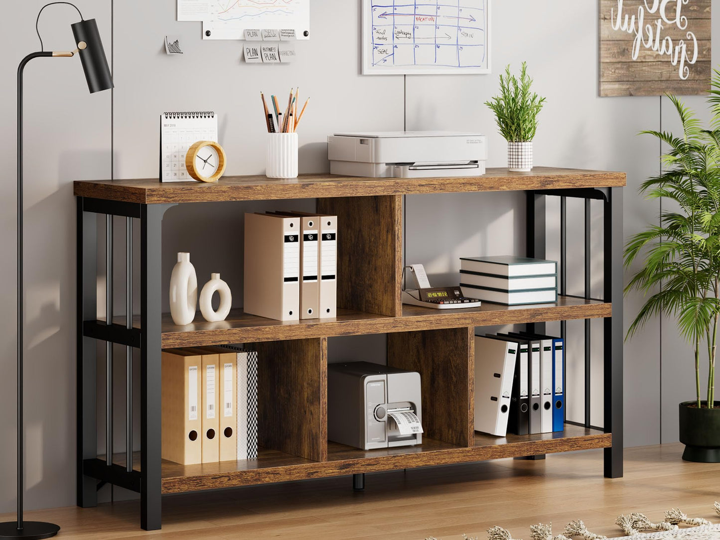 IBF Farmhouse 3 Tier Open Book Shelf, Wood and Metal 5 Cube Storage Organizer, Modern Low Horizontal Bookshelf for Bedroom Living, Long Wide Office Cubby Bookcase with Storage, Rustic Brown, 47 Inch