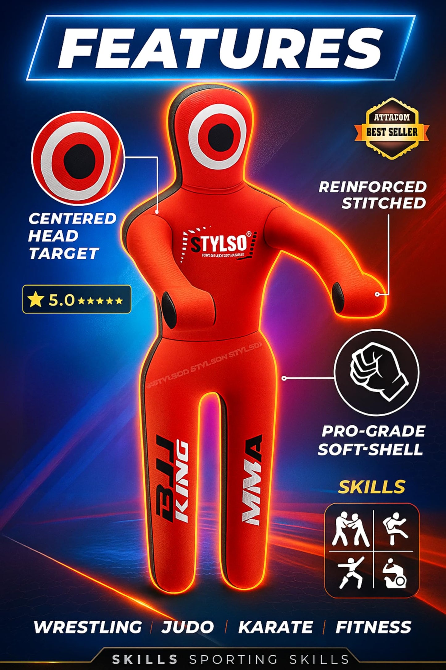 Unfilled Grappling Dummy – Adult Life Size Wrestling & BJJ Training Dummy, MMA Jiu Jitsu Judo Takedown & Throwing Practice, Heavy-Duty Triple-Stitched Canvas Submission Dummy (Red, 5ft / 60")