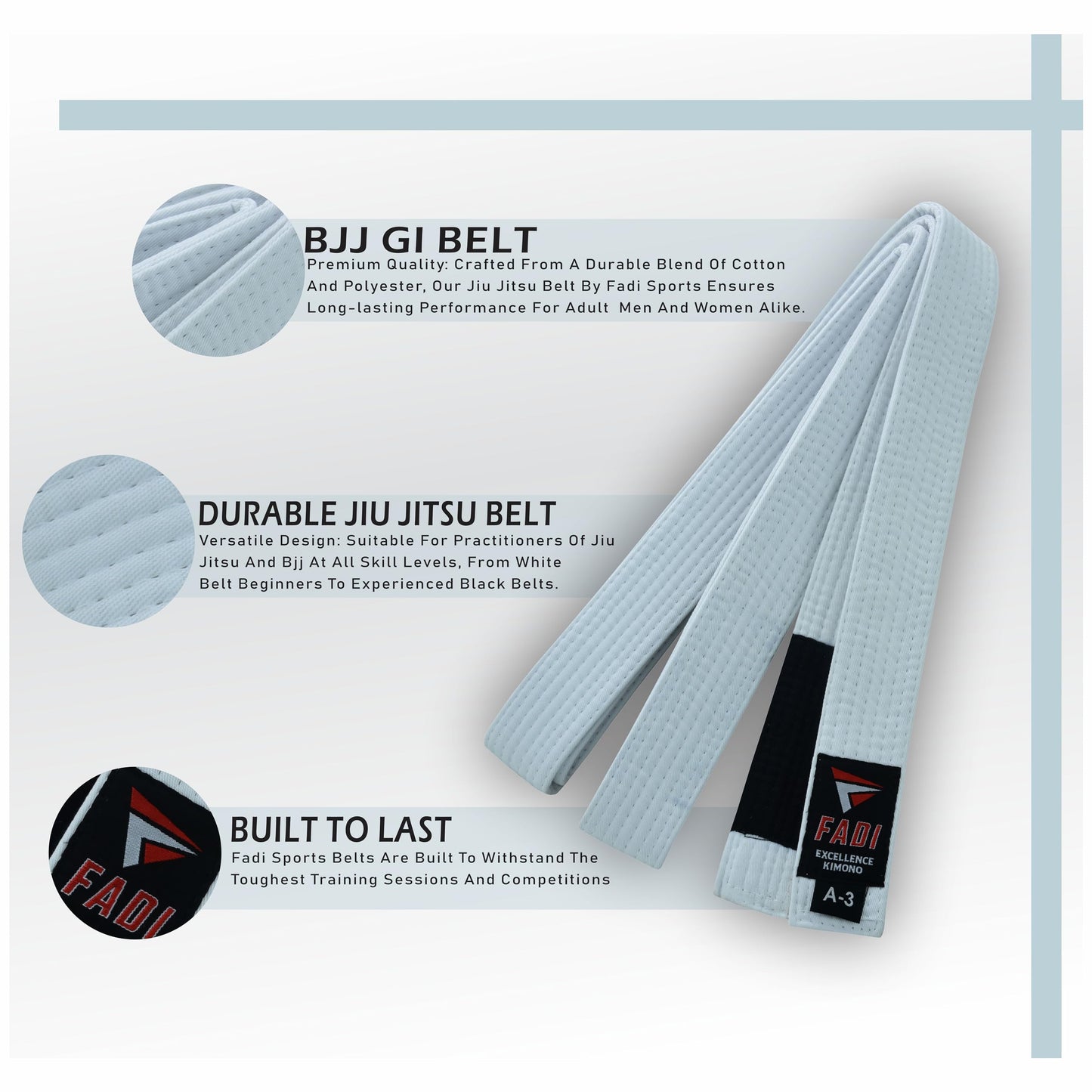 Fadi Sports Brazilian Jiu Jitsu Belt – Poly-Cotton BJJ Belt for Men & Women Durable with Ranking Stripe Sleeve for Gi Training & Competition