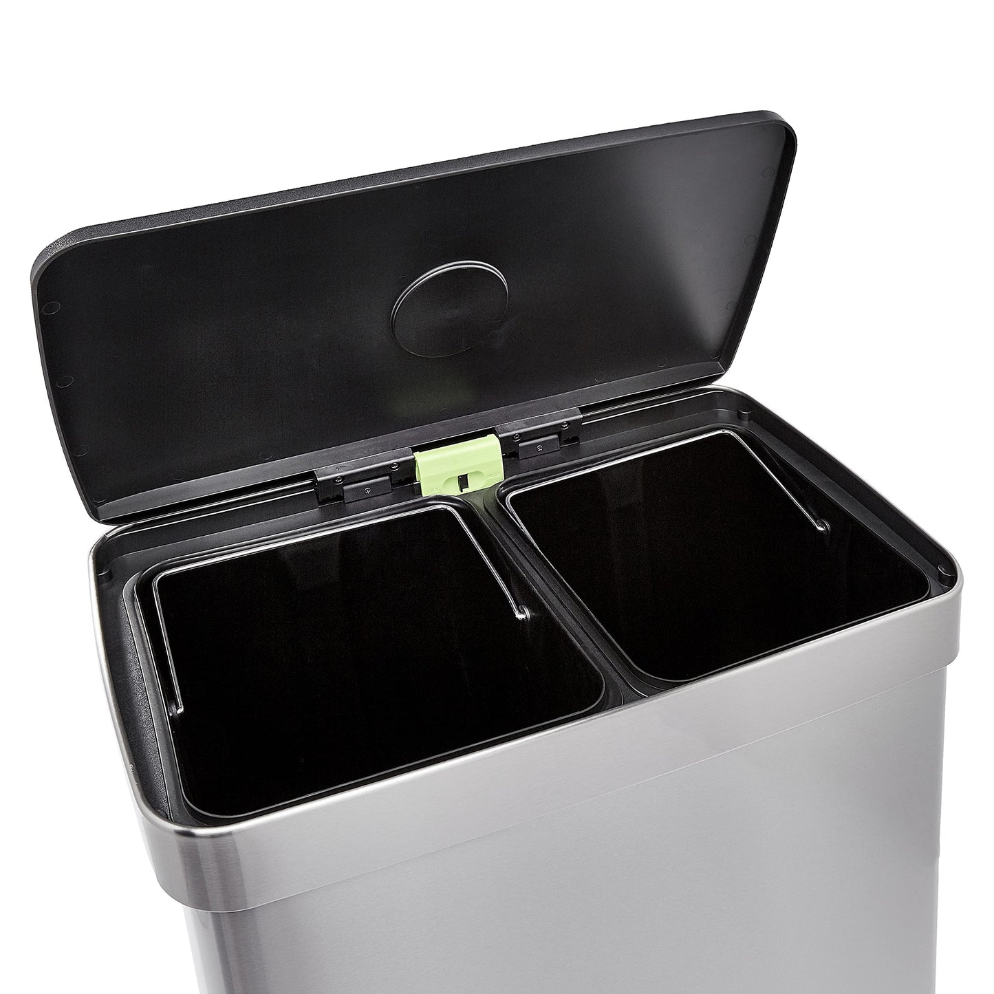 Amazon Basics Dual Compartment Recycling Trash Can with Soft-Close Lid, Fingerprint Resistant, Removable Liner Buckets, 60 Liters, Rectangular, Grey, Silver