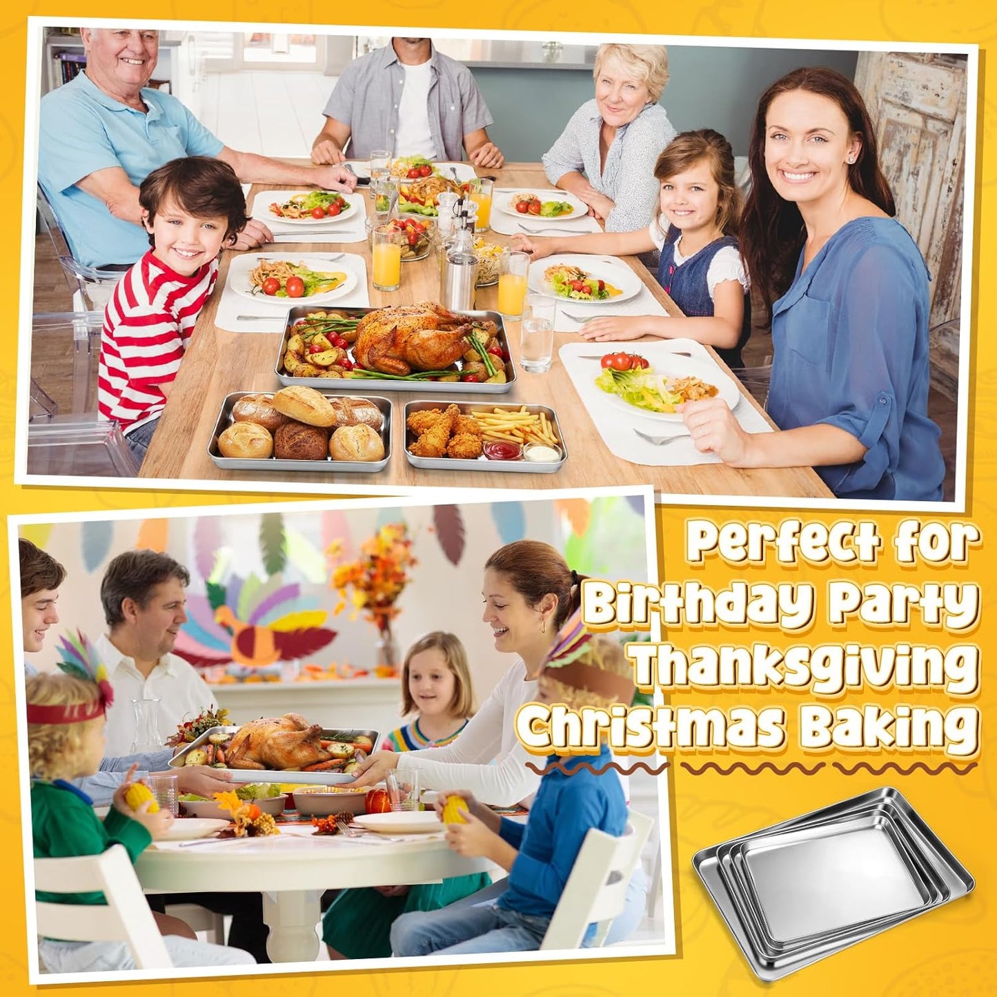 Skiennix Stainless Steel Baking Pans - 4 Pack Commercial Grade Cookie Sheets | Heavy Duty, Non-Stick, 16/18/20/24 Inch