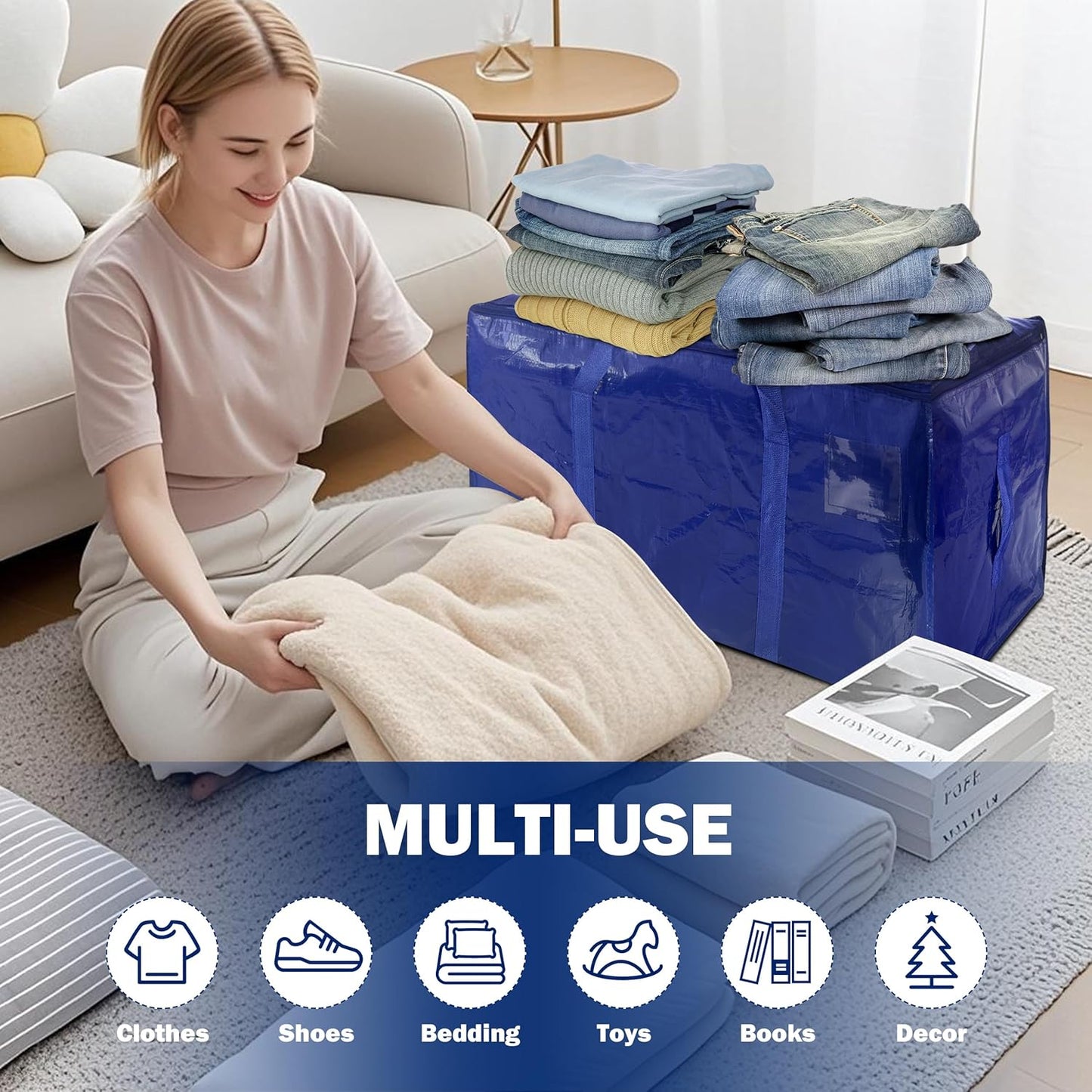 Skiennix Extra Heavy Duty Moving Bags - 8 Pack Large Storage Totes with Strong Zipper & Handles | Dark Blue - 24 Gal