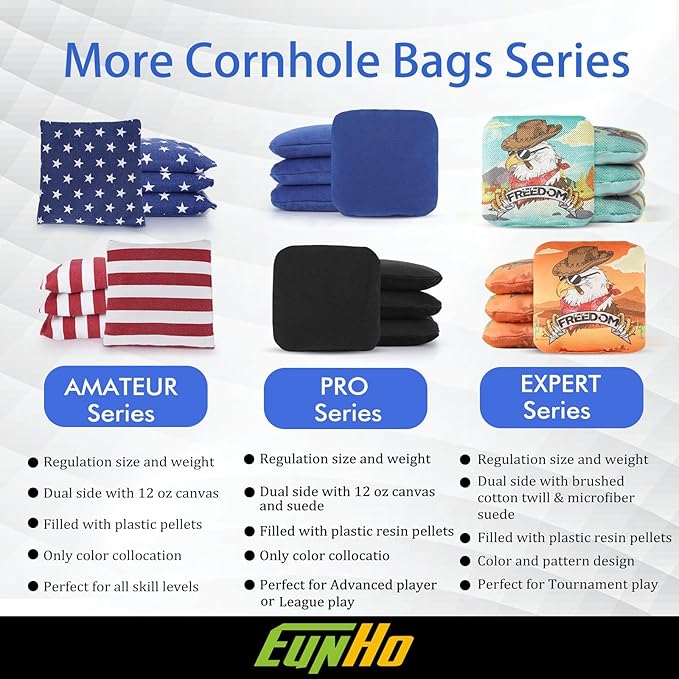 EunHo Dual Sided Cornhole Bags Regulation Set of 8 Professional Cornhole Bean Bags Slick and Stick for Tossing Game-All Weather