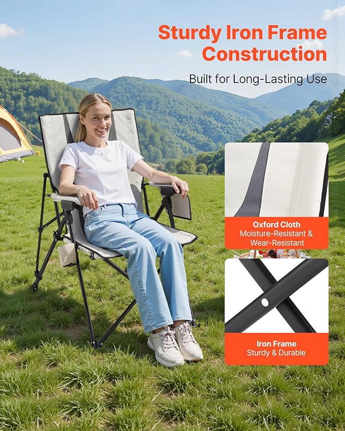 VEVOR Folding Camping Chair, 3 Reclining Positions, Outdoor High Back Camping Chair, 260lbs Weight Capacity, Full Padded Beach Chairs with Armrest & Headrest, Portable Lawn Chairs for Sports Travel