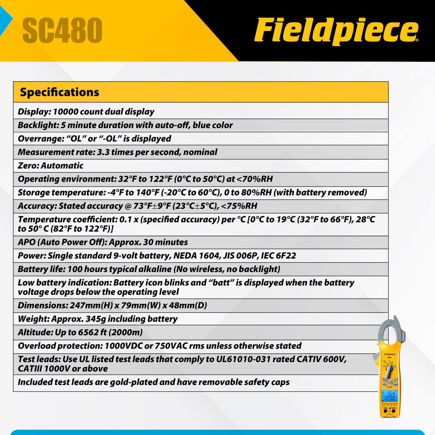 Fieldpiece SC480 Wireless Power Clamp Meter - True RMS HVACR Multimeter w/Job Link App Connectivity - Inrush Current, 3-Phase Testing, Low Pass Filter, CAT IV 600V - HVAC Tools
