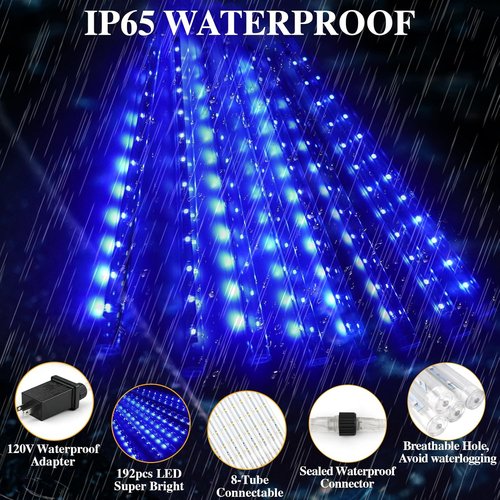 Meteors Shower Lights - 192 LED Falling Rain Lights | 11.8-Inch Waterproof Blue Outdoor Decor