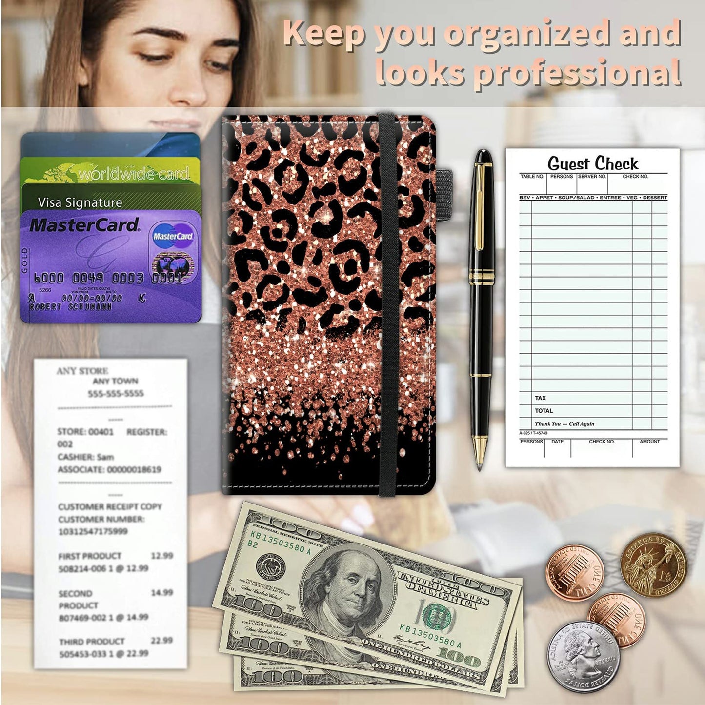 High Volume Server Books, Pink Leopards Glitter Server Book w/ 2 Expandable Pockets 9 x 5 Cute Waitress Book Zipper Pocket & Strap Closure Waitstaff Organizer Server Booklet Waiter Money Wallet