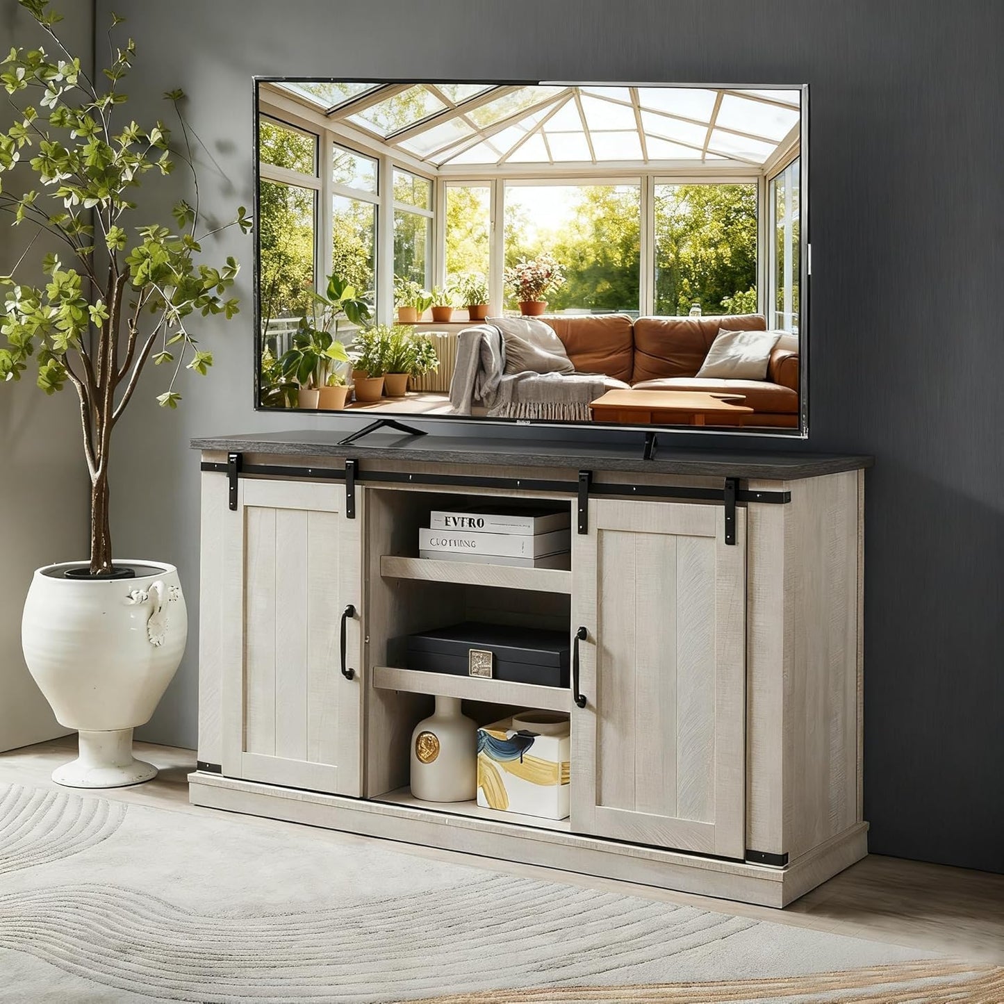 RICHSEAT Modern Farmhouse Wood TV Stand for TVs up to 65 Inch, Home Living Room Storage Table TV Stands Cabinet Doors and Shelves Entertainment Center, Stone Grey