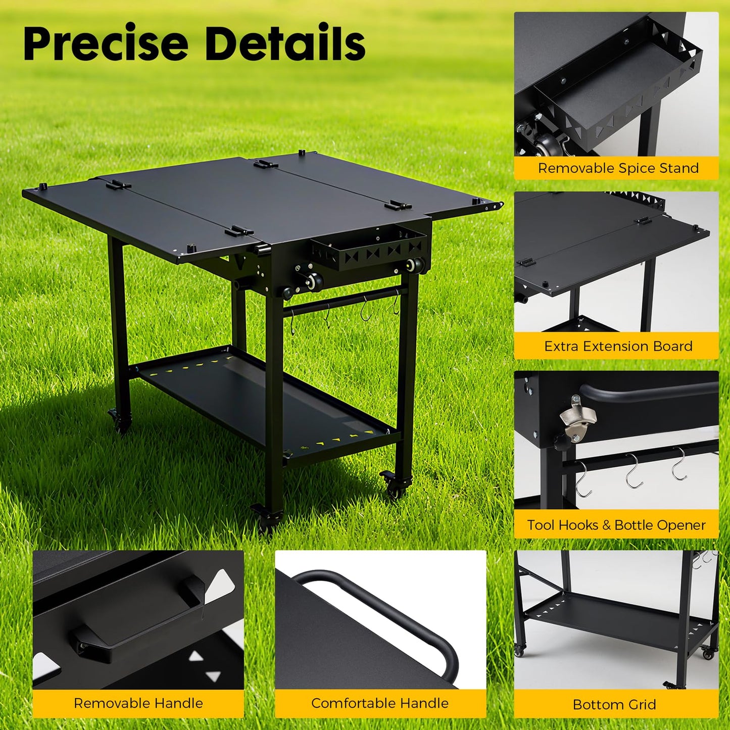 GVGBUK Portable Outdoor Grill Table with Wheels, Heavy-Duty Steel Prep Table, Folding Griddle Stand with Shelves, Bottle Opener, No Assembly Required, for BBQ, Pizza Oven, Patio