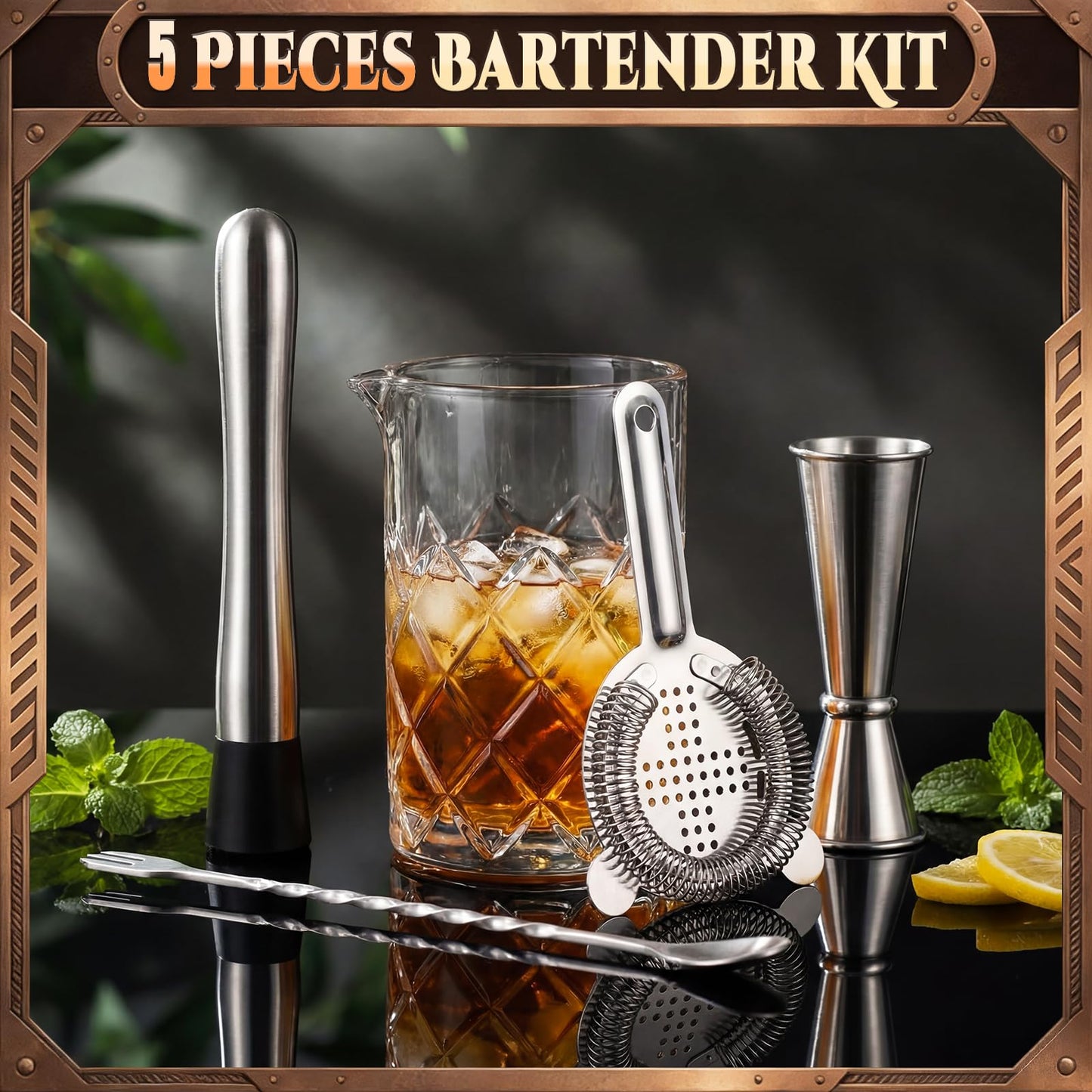 Zhehao 5 Pieces Cocktail Mixing Glass Set, Bar Cocktail Mixing Kits for Bartender 23oz Crystal Thick Bottom Glass with Muddler, Jigger, Strainer and Spoon Gifts for Men Amateurs Home & Party Supplies