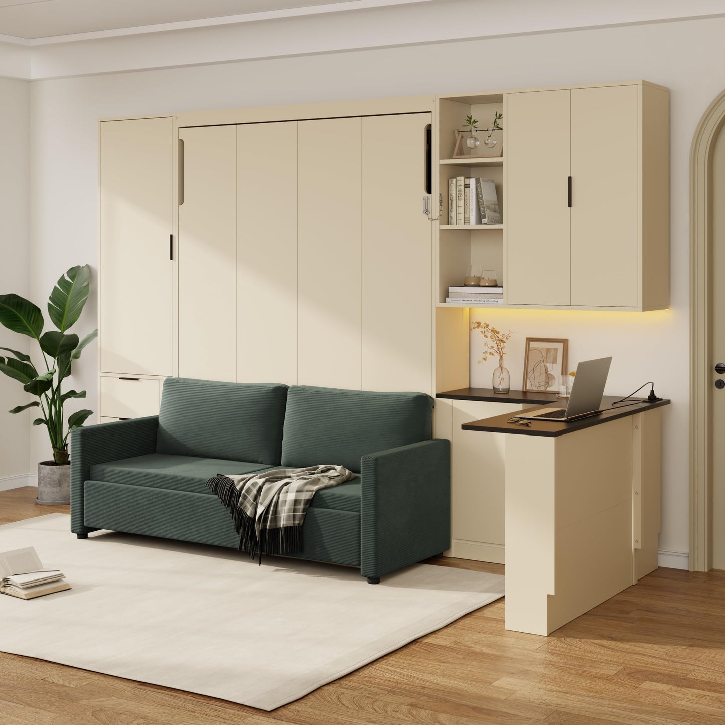 Murphy Bed Queen Bed Frame with Headboard,Hydraulic Storage,Sofa,Hydraulic Lift Wood Wall Murphy Beds w/Shelves & Drawers,LED/USB Lighting,Desk,2 Pillows,Hideaway Bedframe for Bedroom,Beige