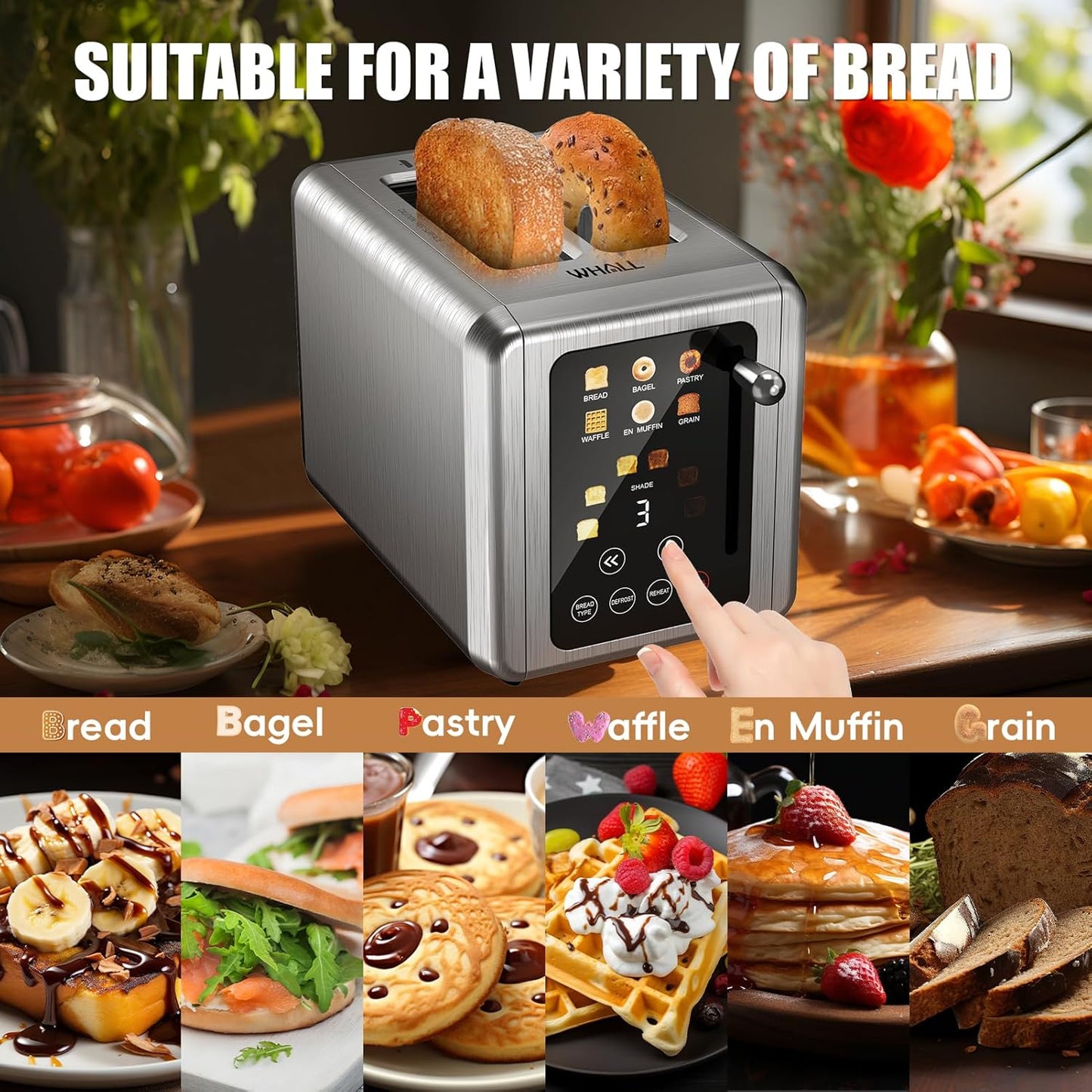 WHALL® Touch Screen Toaster - 2 Slice Stainless Steel with Digital Timer & 6 Shade Settings | Extra Wide Slots