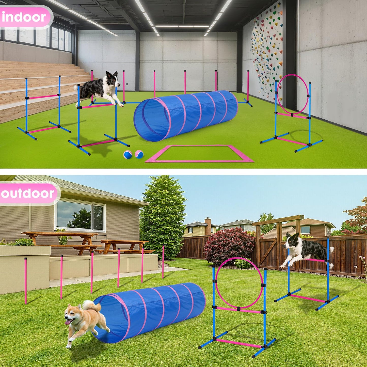 Dog Agility Course Backyard Set, Dog Agility Equipment, Pet obstacle Course Backyard with 6 Dual Mode Weave Poles, 2 Adjustable Hurdle, Jump Ring, Tunnel, Pause Box, Toy Balls and 2 Carrying Bags,Pink