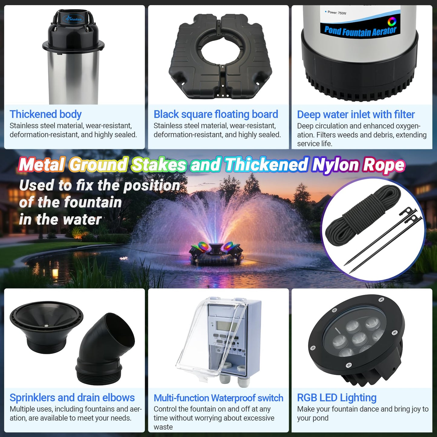 Pond Fountain Aerator with Lights Dynamic RGB Light 1HP 750W Floating Fountain for Pond Lake, 110V 15000 GPH Fully Automatic Stainless Steel Fountain Pump 100Ft Cord with 4 LED Lights and Nail, Rope
