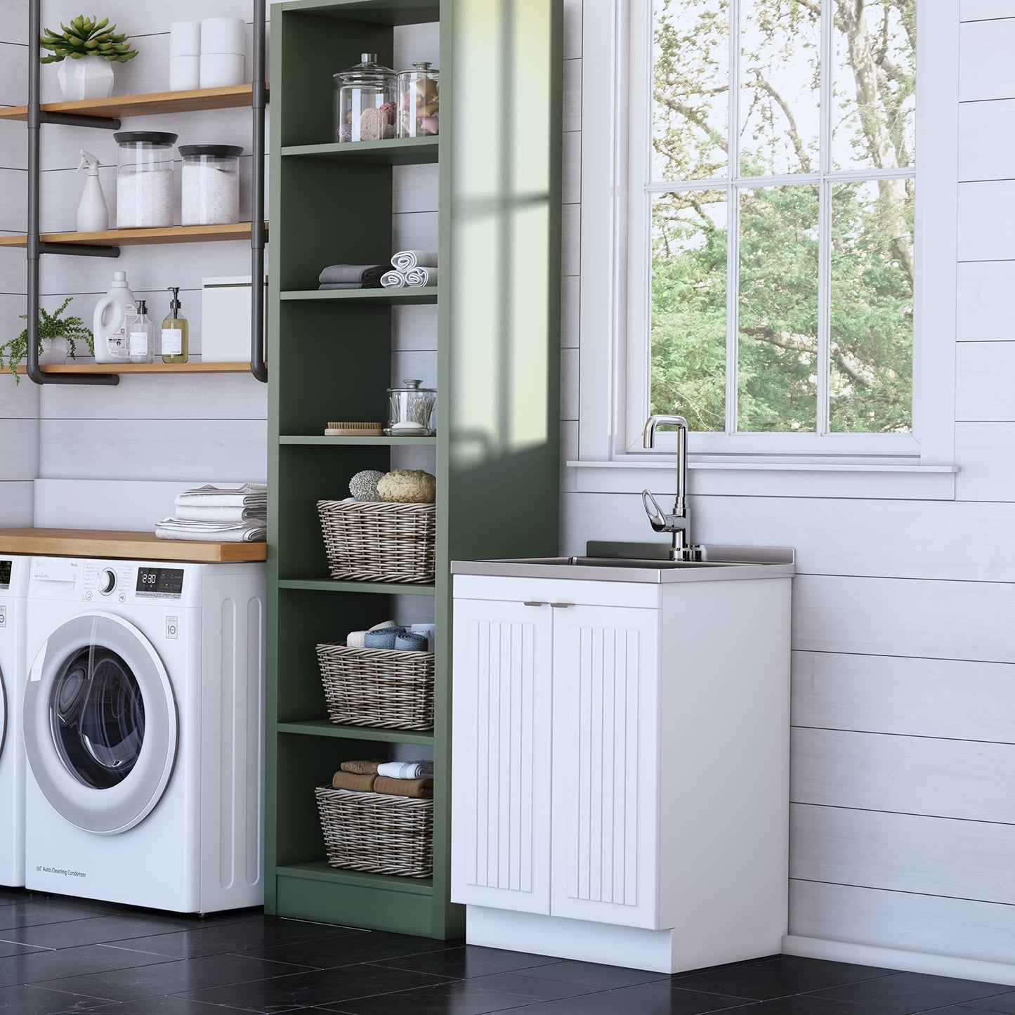 SIMPLIHOME Murphy All-in-One 24 inch Wide Utility Sink and Laundry Cabinet in Pure White Finish, Transitional Stainless Steel Sink Cabinet for Laundry Rooms with High-Arch Chrome Faucet and Storage