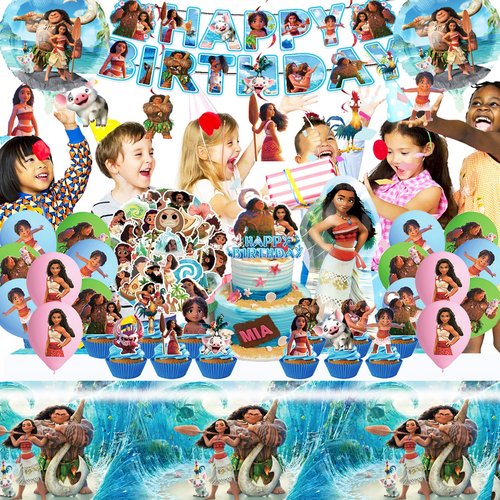 Moana Birthday Party Supplies, 104PCS Birthday Party Decorations Set Include Banner, Balloons, Stickers, Hanging Swirls, Cake Cupcake Toppers, Tablecloth for Moana Party Decorations
