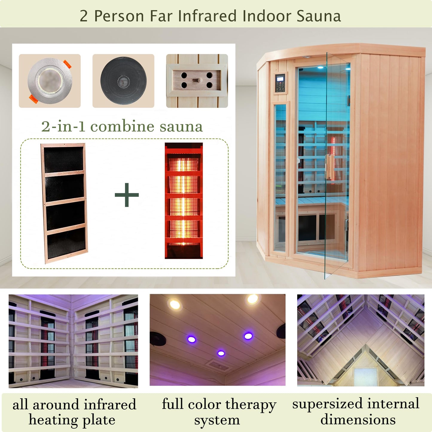 KUNSANA 2-3 Person Infrared Saunas for Home, Low EMF Ceramic Infrared Sauna, Indoor Home Sauna Spa, Hemlock Wooden Corner Suana Room, Bluetooth Speakers, Chromotherapy Lights